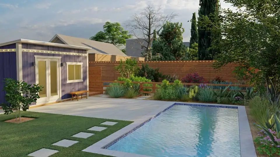3D rendering of LA backyard with inground pool, stone walkway, and modern landscaping
