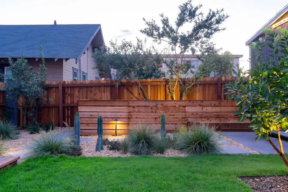 LA backyard with fencing, grass, stone, and plants in the evening