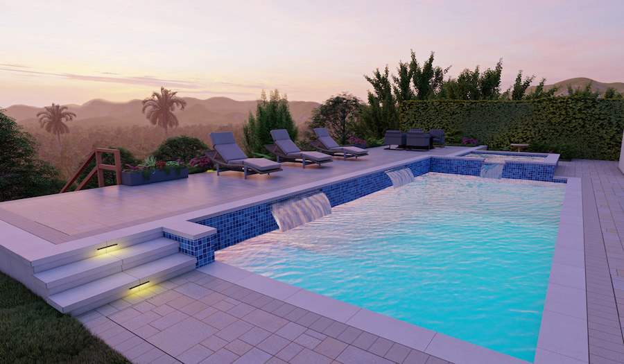 A photorealistic YardMap design rendering of an infinity-edge pool and spa at dusk overlooking a hillside view