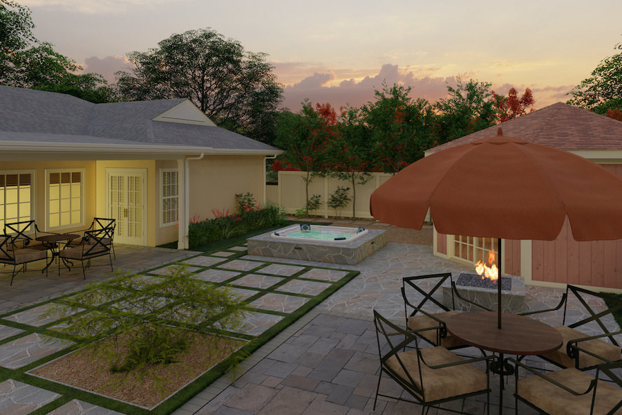 A real YardMap hardscape design with a spa, patterned paver patio and dining area at dusk