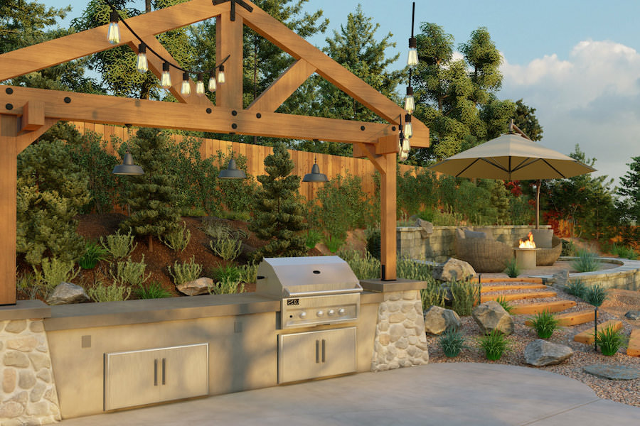 A real YardMap outdoor kitchen design under a wood pergola with string lights and a fire bowl beyond