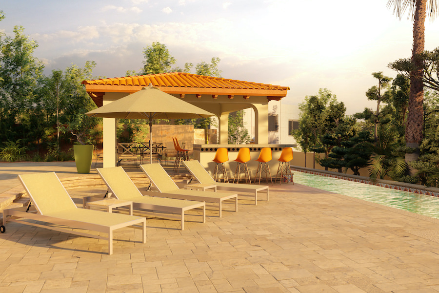 A real YardMap pergola design with a tiled roof, bar seating and lounge chairs beside a pool