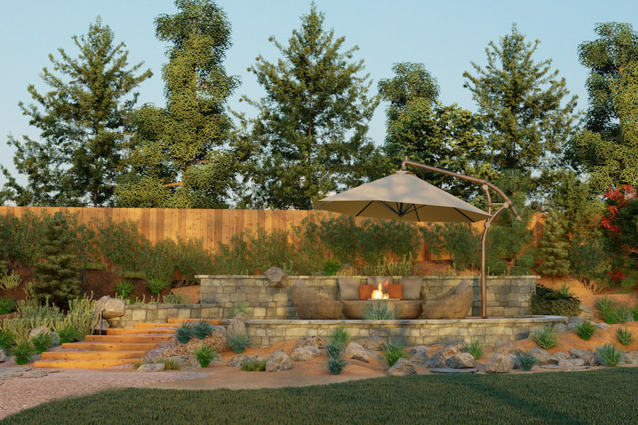 A real YardMap planting design with a raised stone fire lounge framed by layered drought-tolerant planting