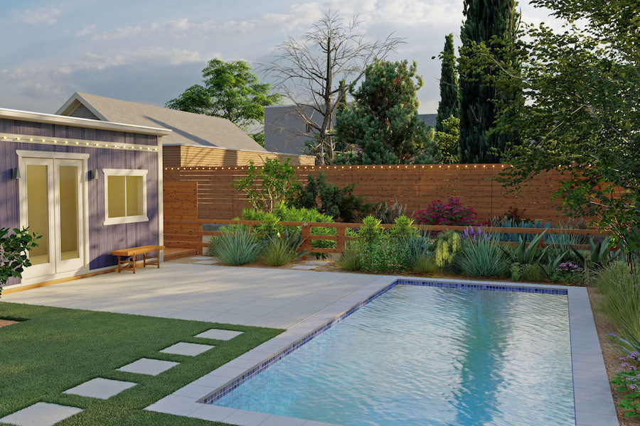 A real YardMap pool design with a stepped entry, water feature and drought-tolerant planting
