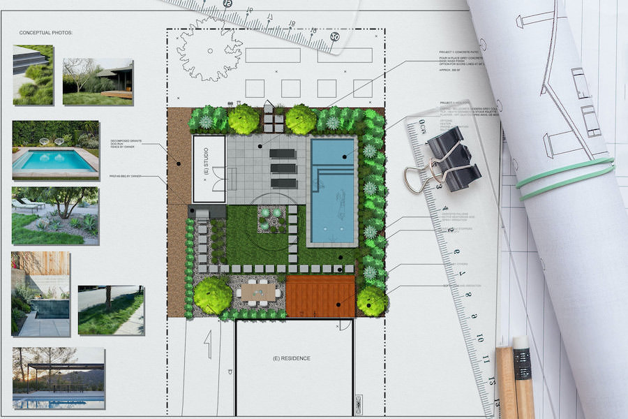 A real YardMap site plan and mood board with conceptual photos, laid out alongside a ruler and rolled drawings
