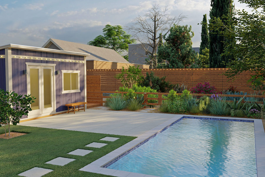A photorealistic rendering of the finished backyard design, matching the site plan