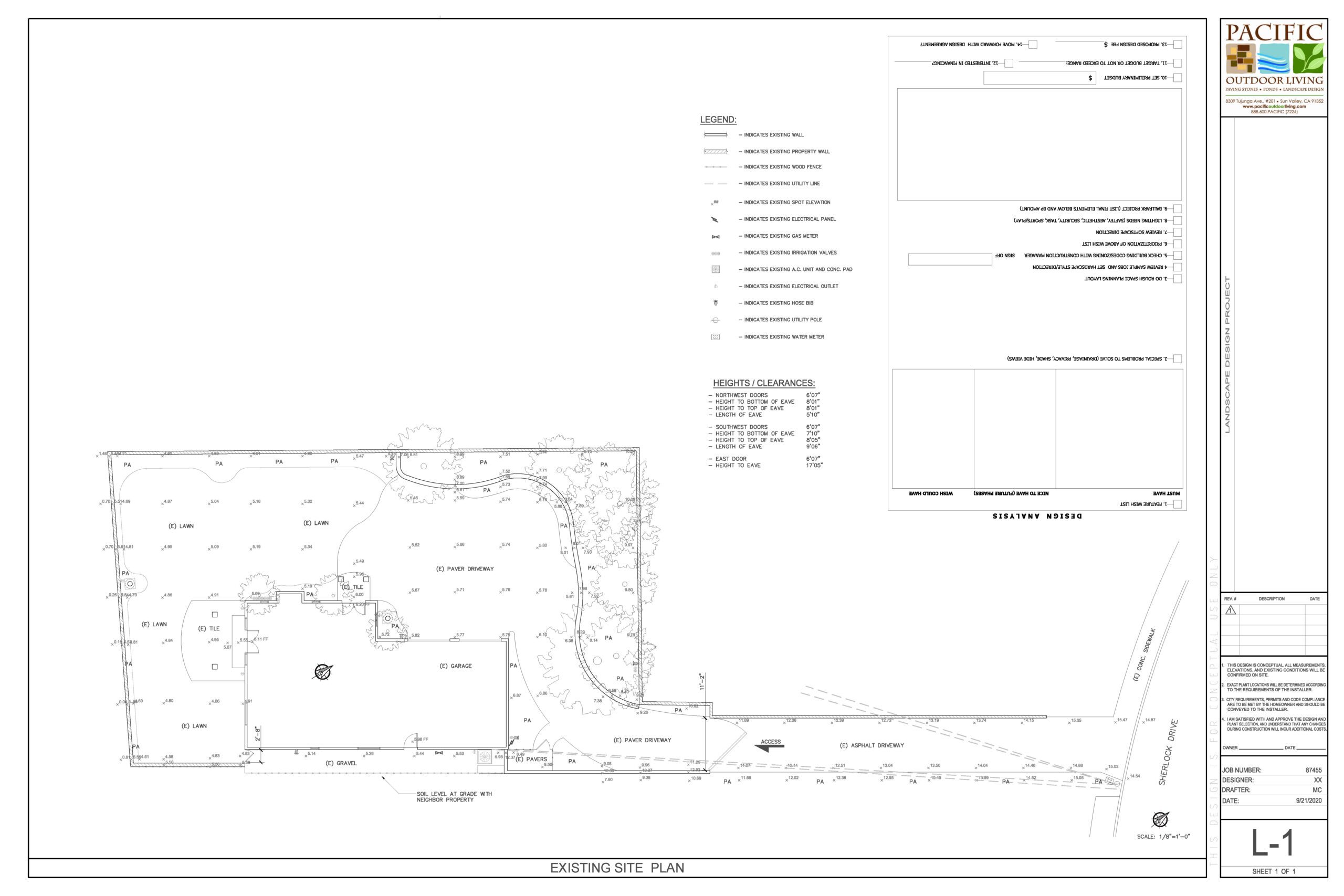Existing site plan showing current backyard layout for landscape design project