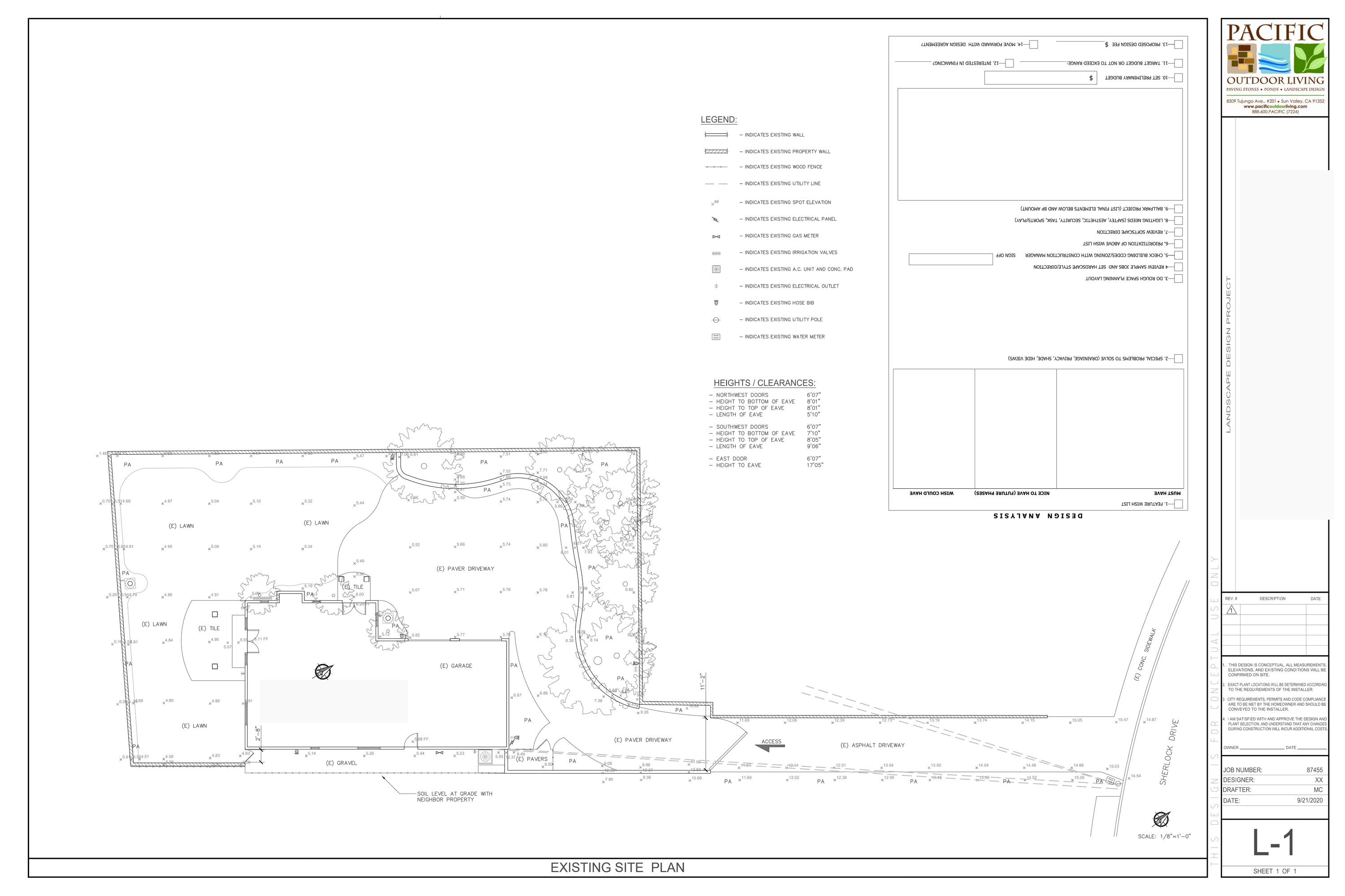 Existing site plan showing property layout for landscape design