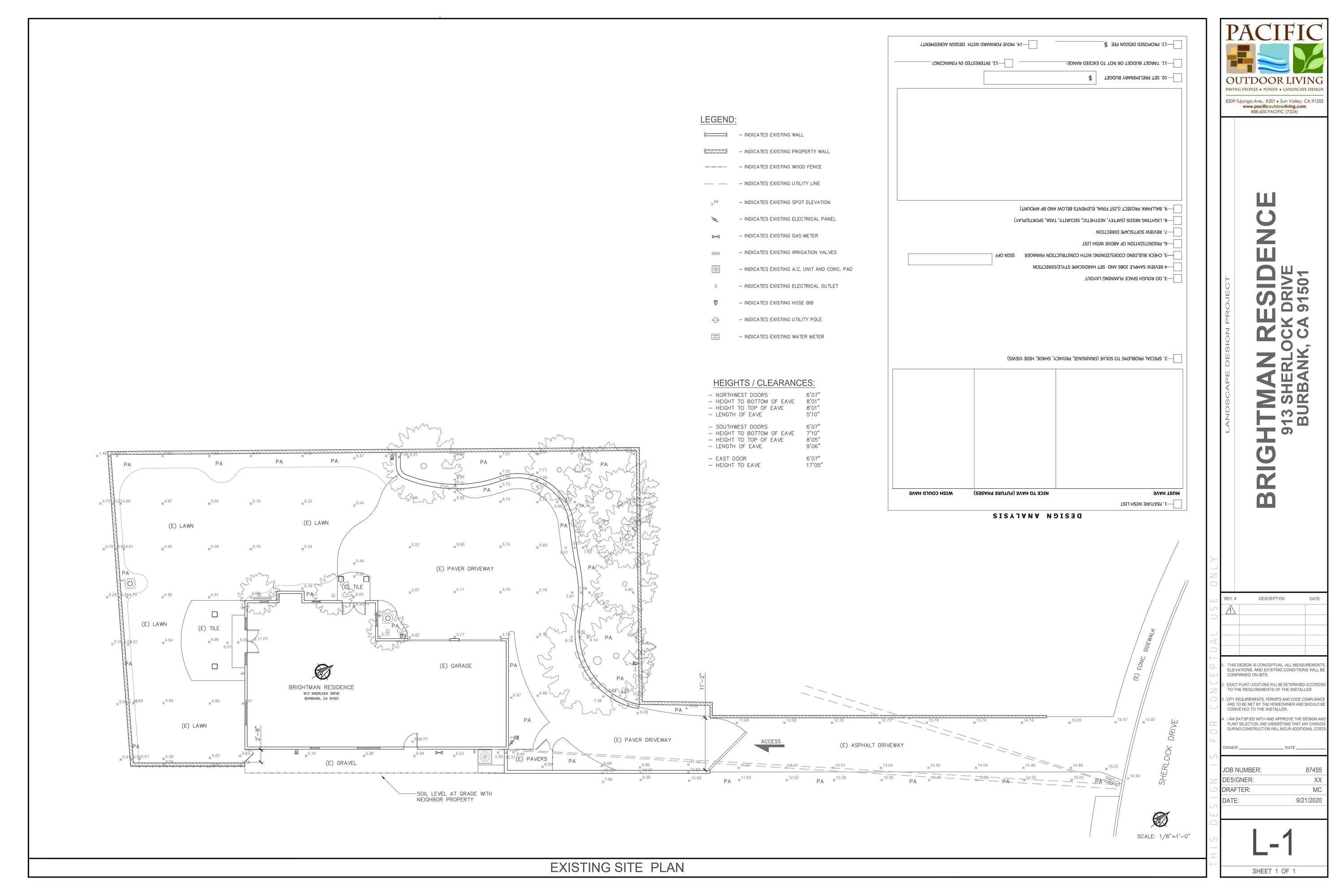 Existing site plan showing property layout for landscape design