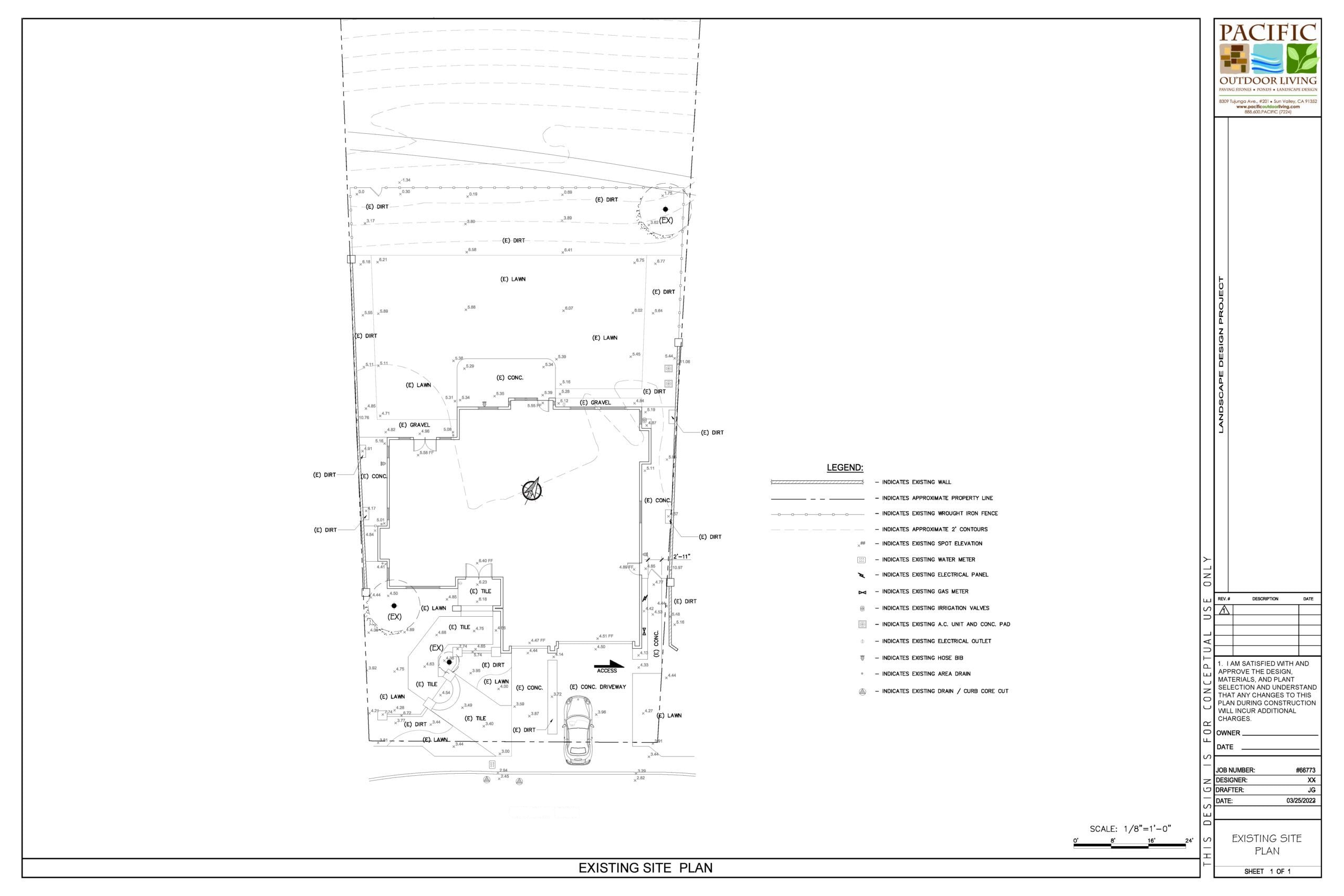 Existing site plan showing current backyard layout for landscape design project