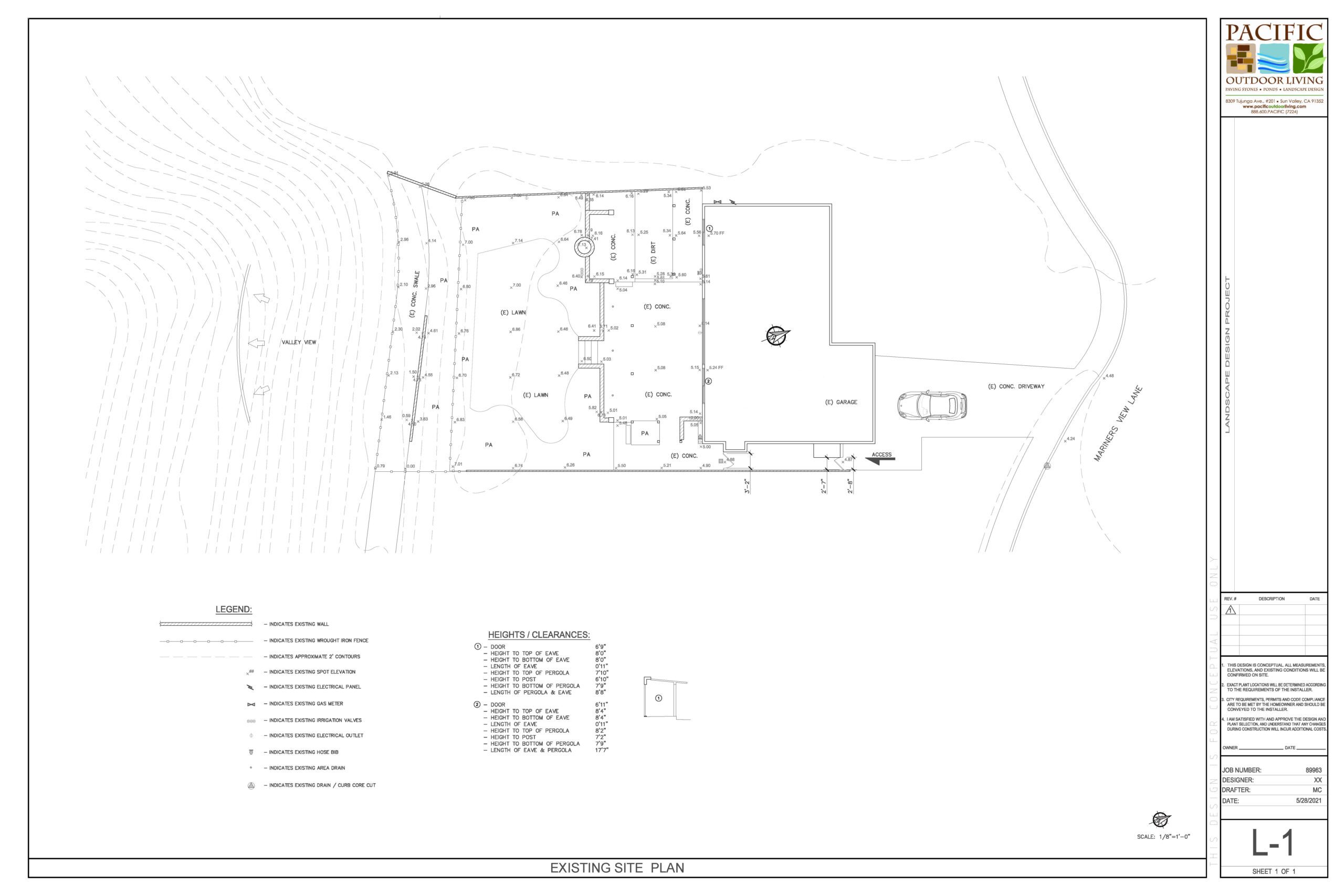 Existing site plan showing current backyard layout for landscape design project