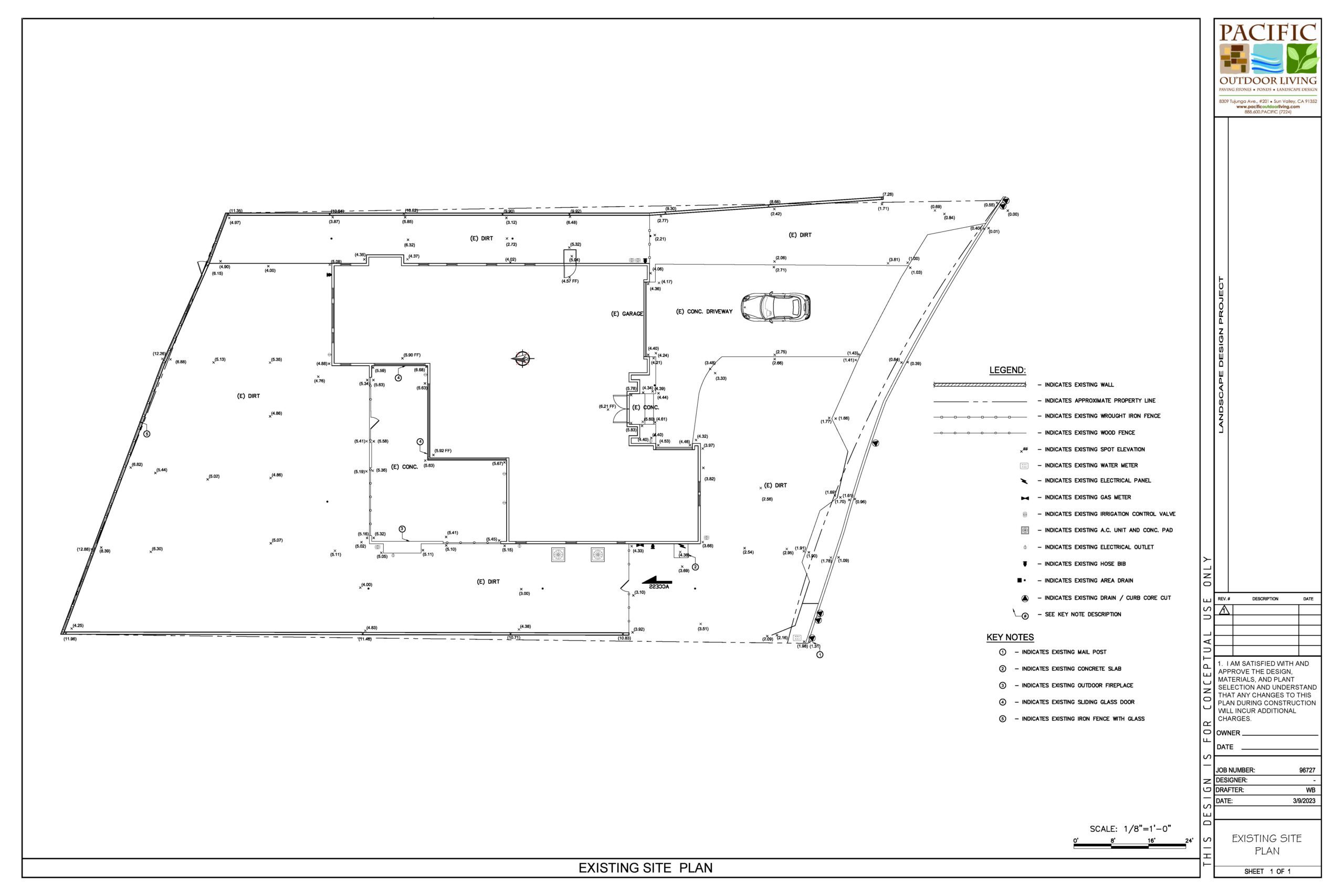 Existing site plan showing current backyard layout in Southern California for landscape design project
