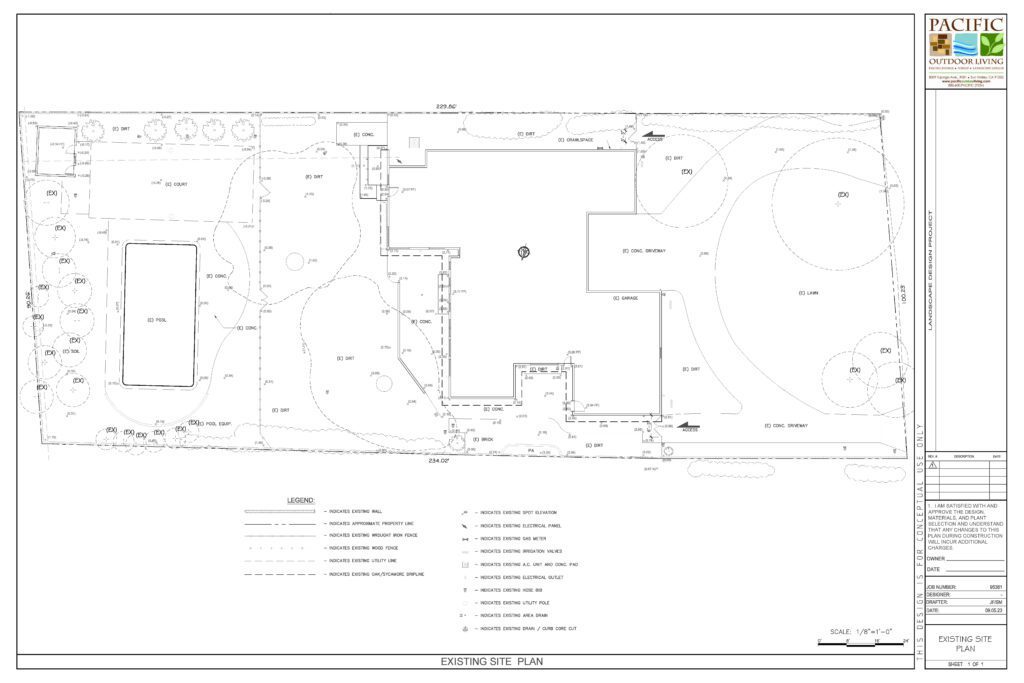 Existing site plan showing current property layout for landscape design project