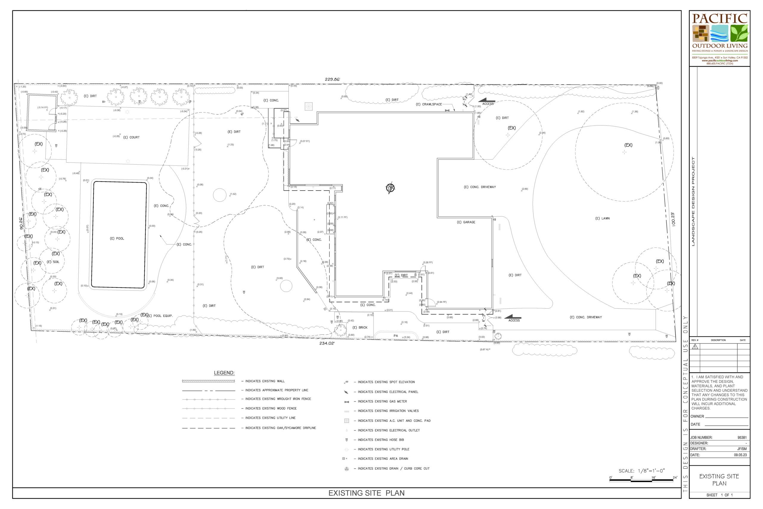 Existing site plan showing current property layout for landscape design project