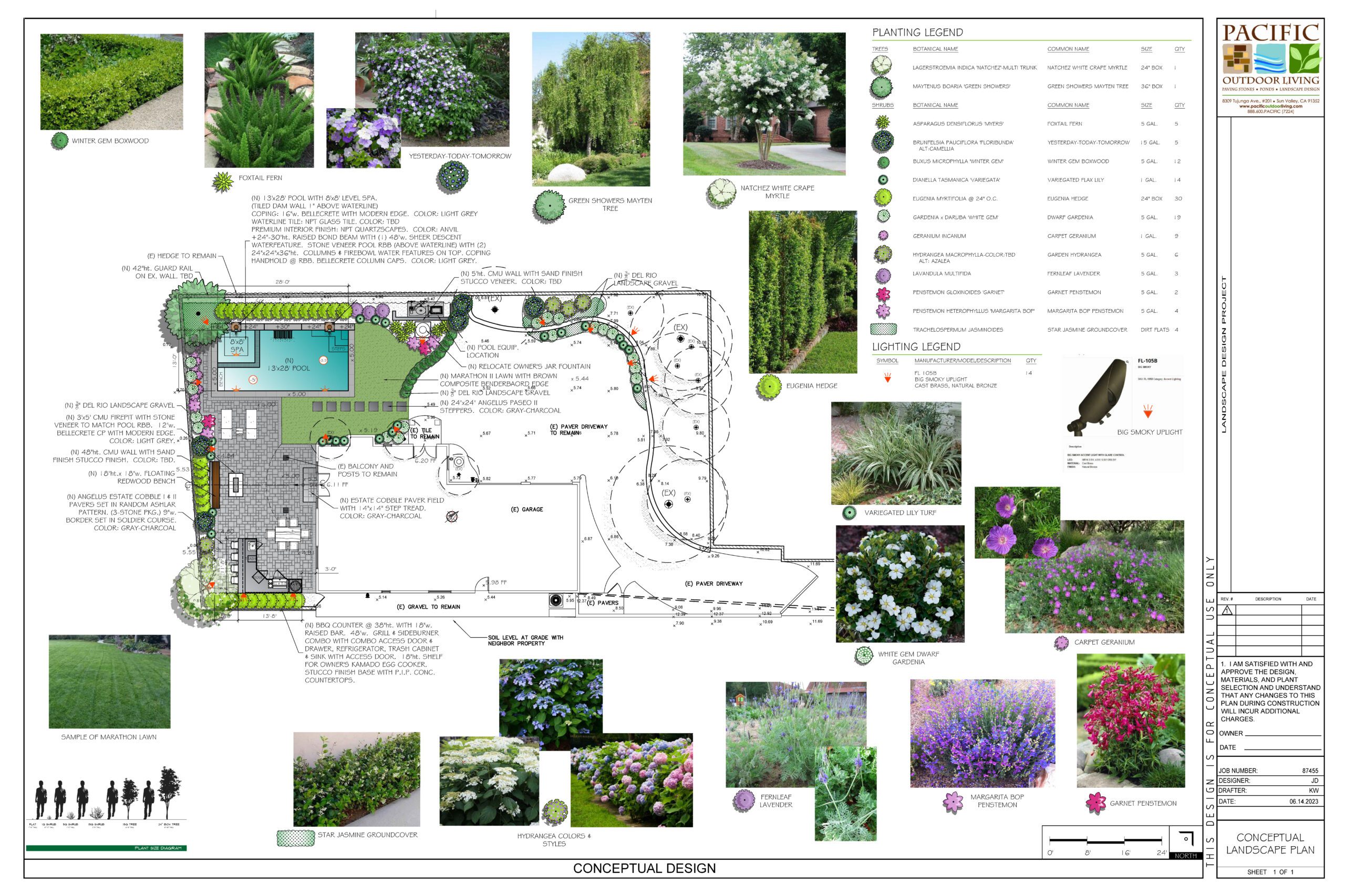 Conceptual landscape design plan showing pool, outdoor kitchen, seating area layout by Pacific Outdoor Living