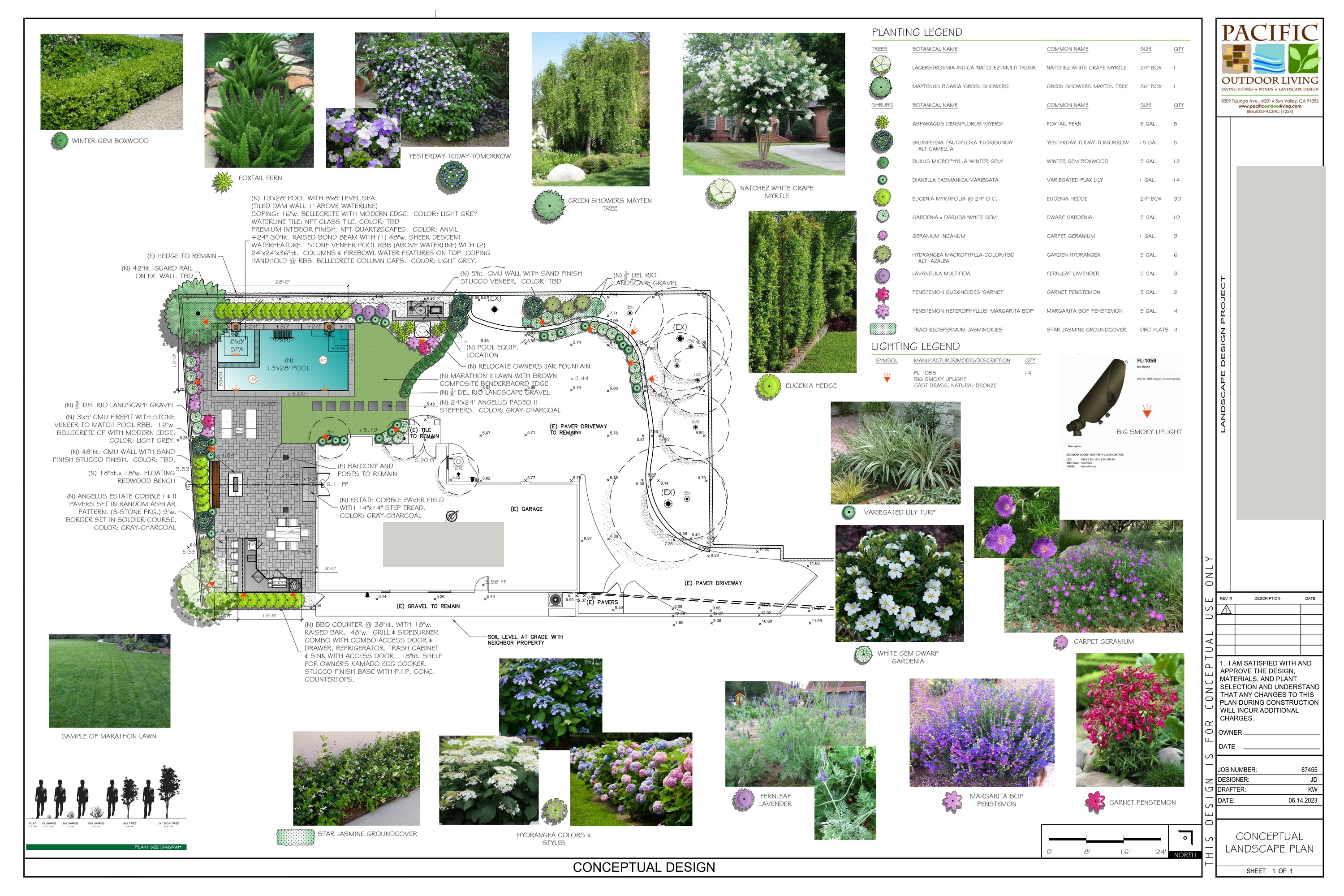 Full conceptual landscape design plan with plant schedule and materials
