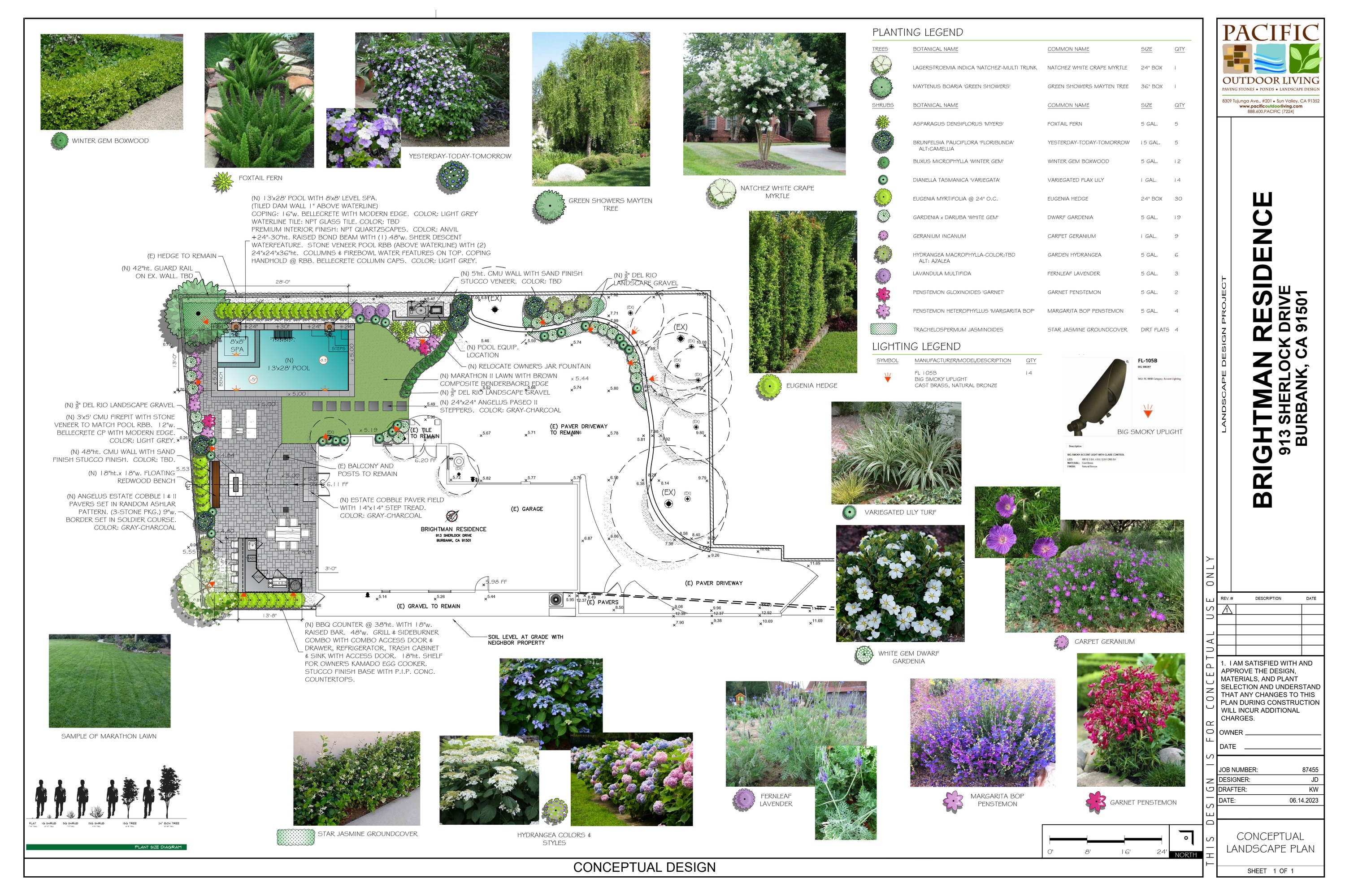 Full conceptual landscape design plan with plant schedule and materials