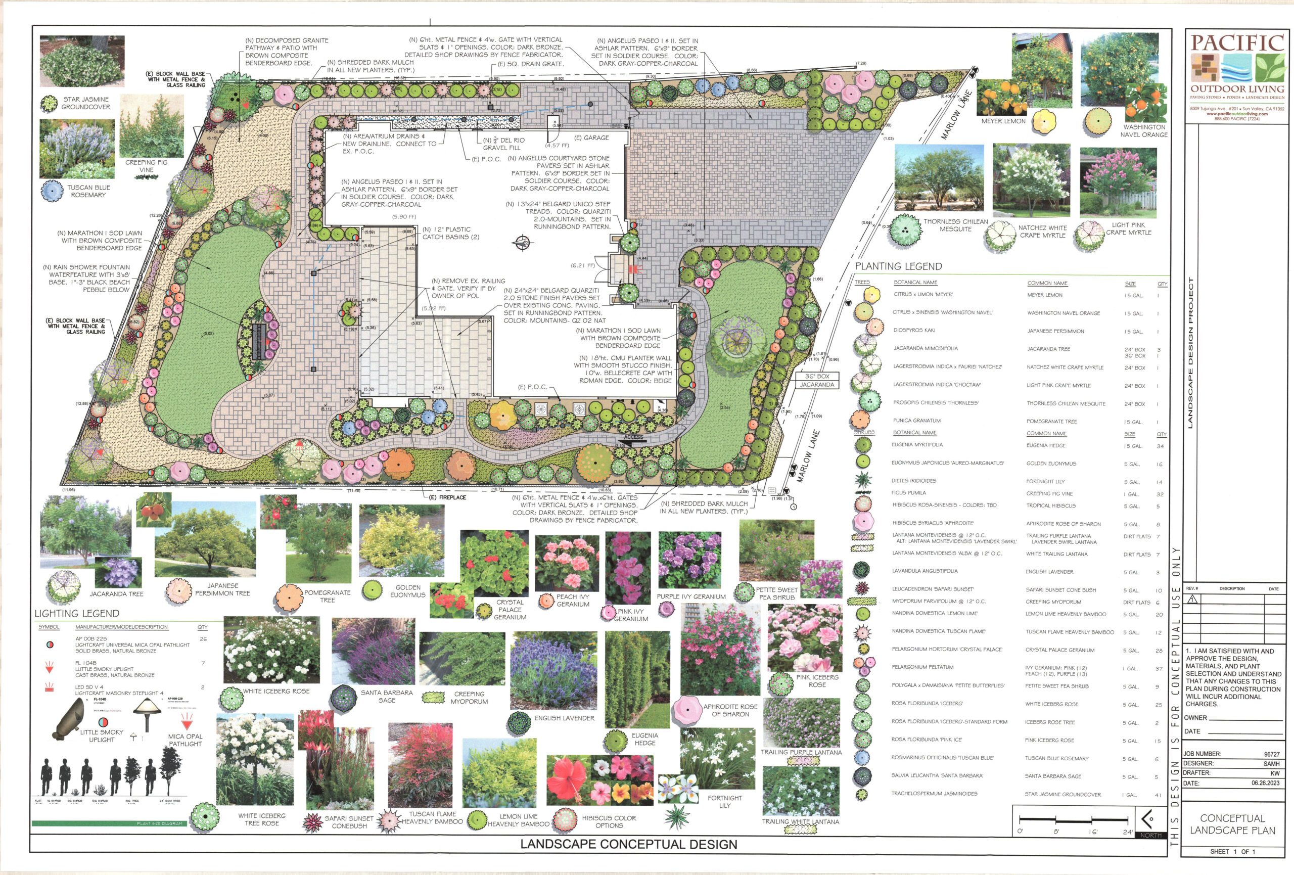 Conceptual landscape design sketch showing landscaping, water features, and seating layout by Pacific Outdoor Living