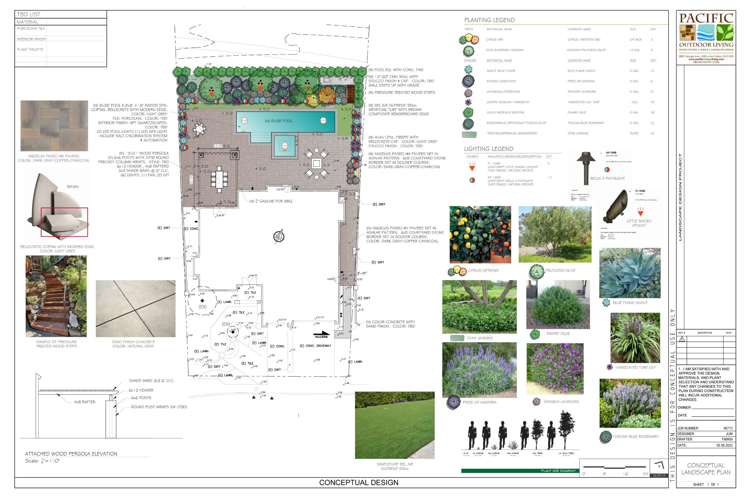 Conceptual landscape design plan showing pool, outdoor kitchen, seating area layout by Pacific Outdoor Living
