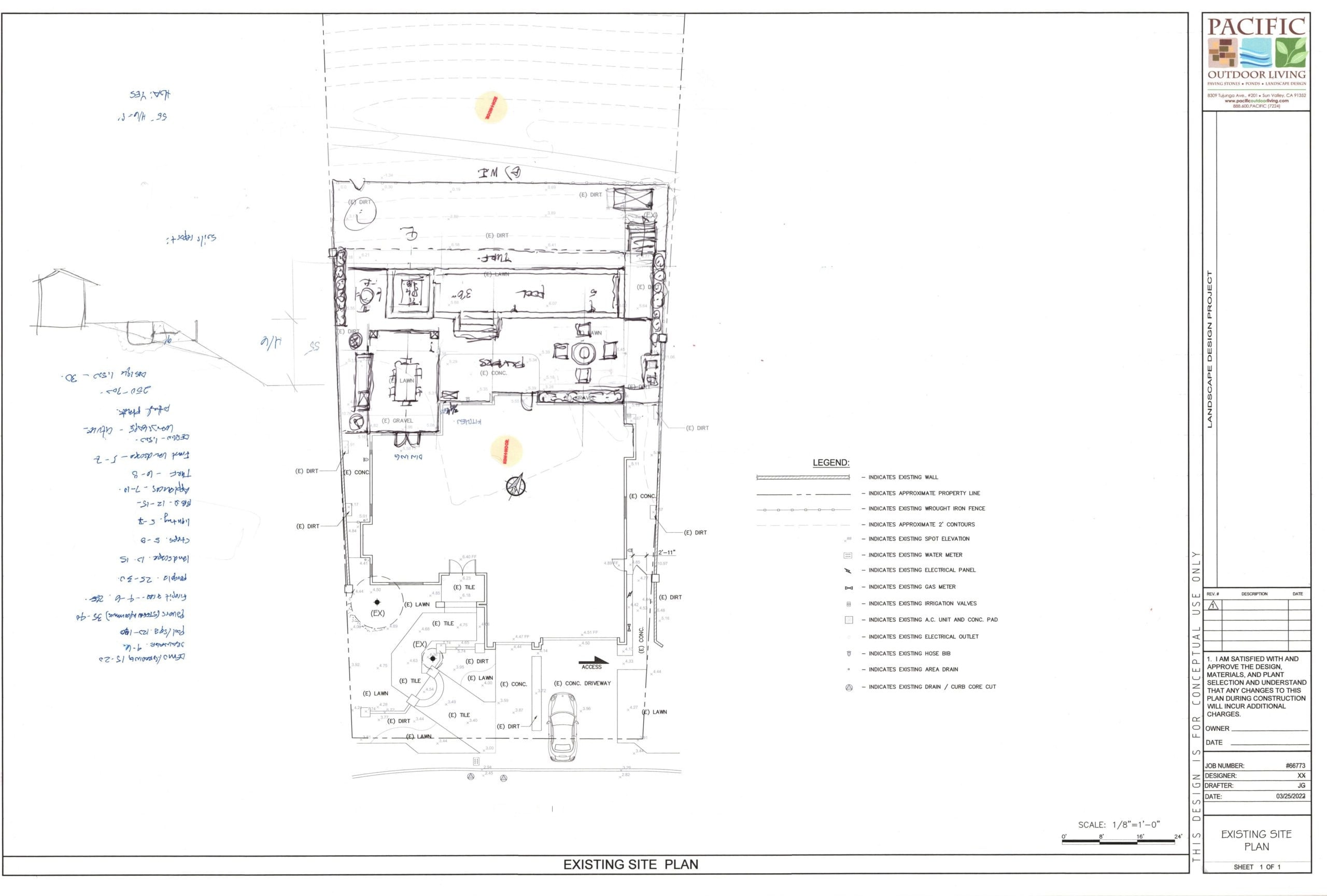 Hand-drawn landscape design sketch showing pool, outdoor kitchen, seating area layout by Pacific Outdoor Living