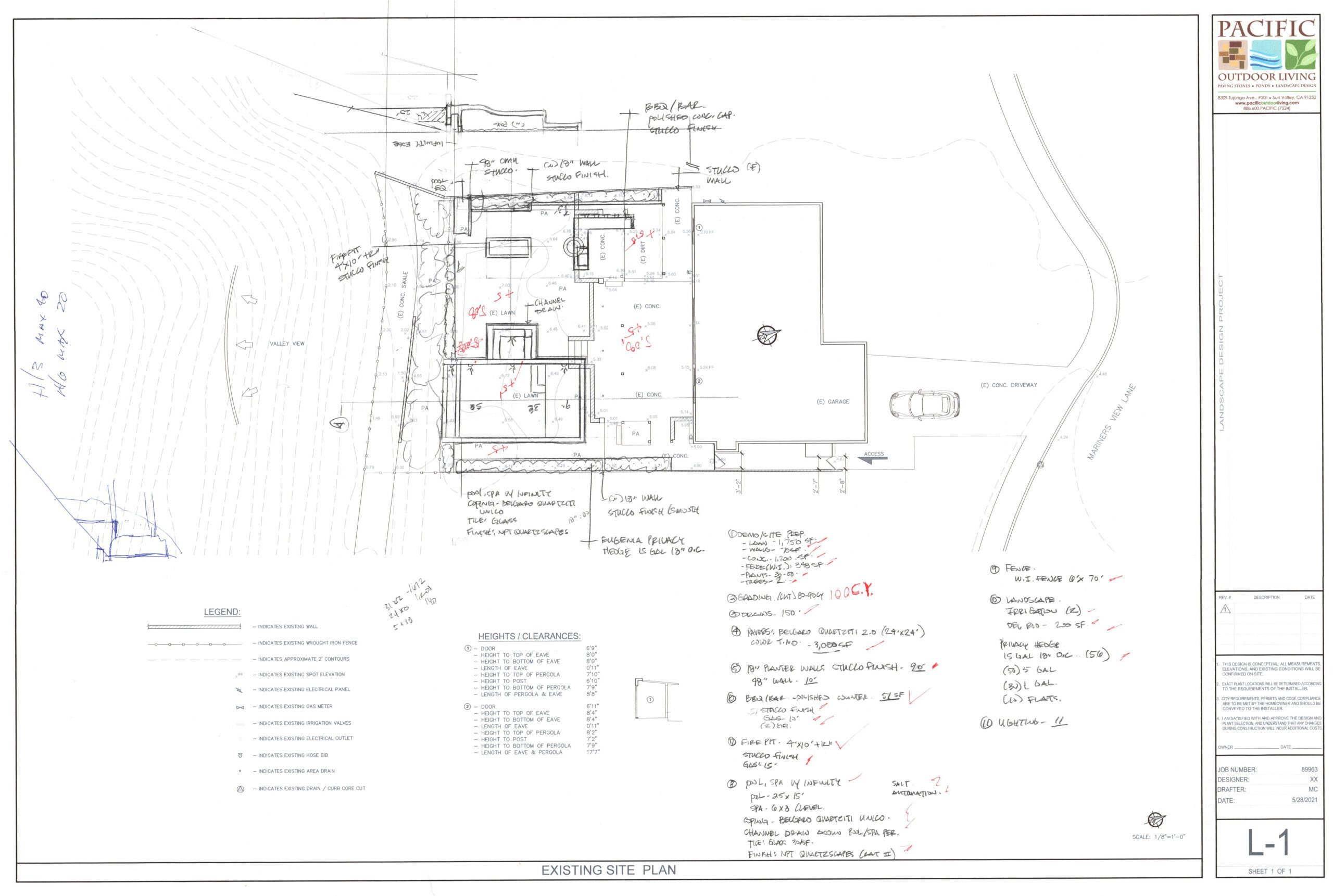 Hand-drawn landscape design sketch firepit and seating area layout by Pacific Outdoor Living