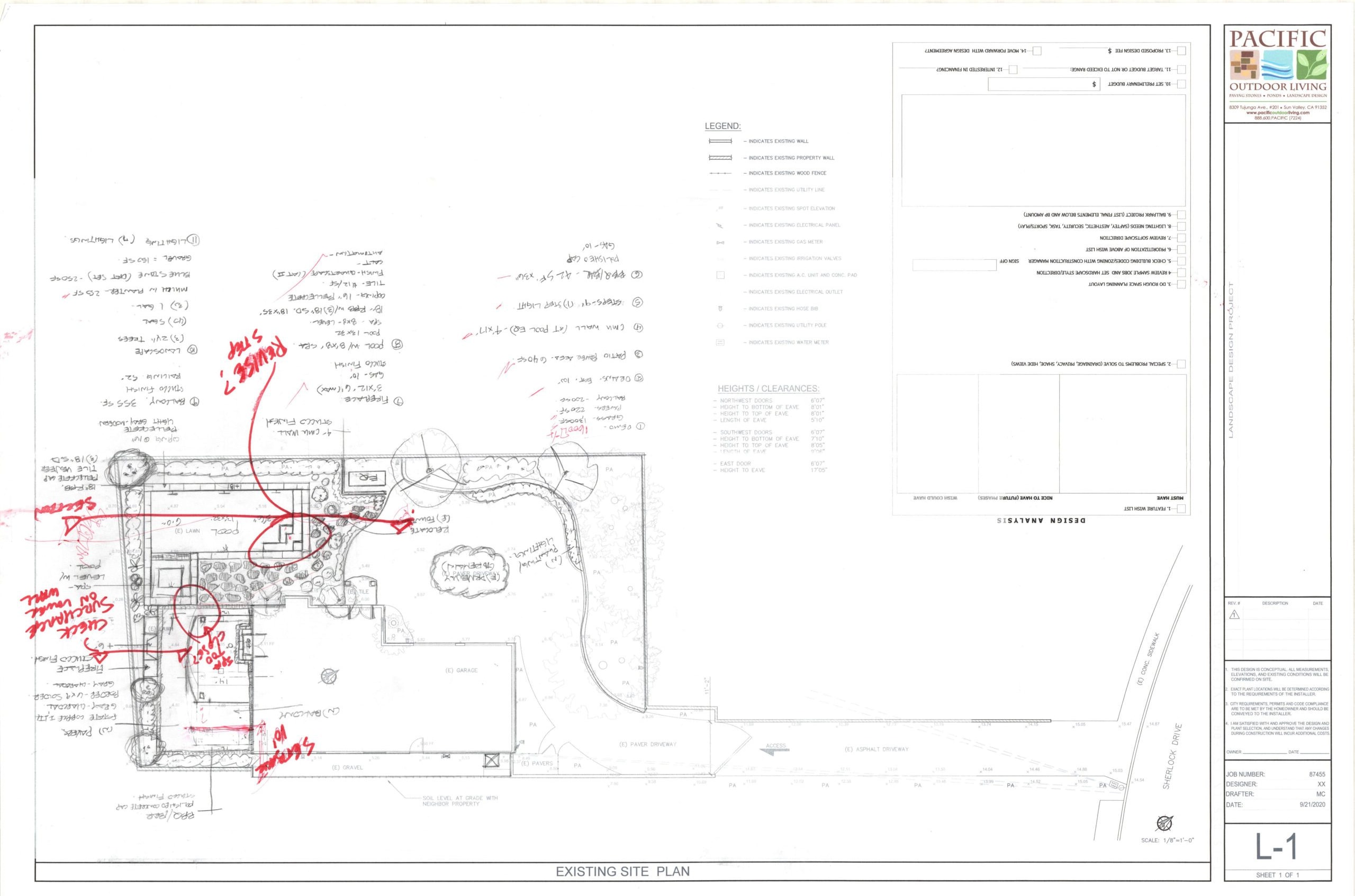 Hand-drawn landscape design sketch showing pool, outdoor kitchen, seating area layout by Pacific Outdoor Living
