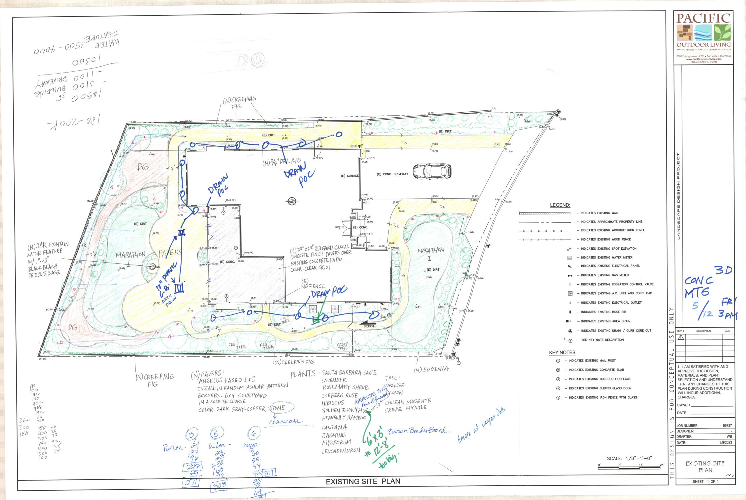 Hand-drawn landscape design sketch showing landscaping, water features, and seating layout by Pacific Outdoor Living
