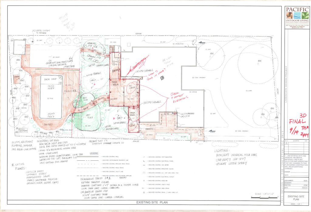 Hand-drawn landscape design sketch showing pool, patio, and seating area layout by Pacific Outdoor Living