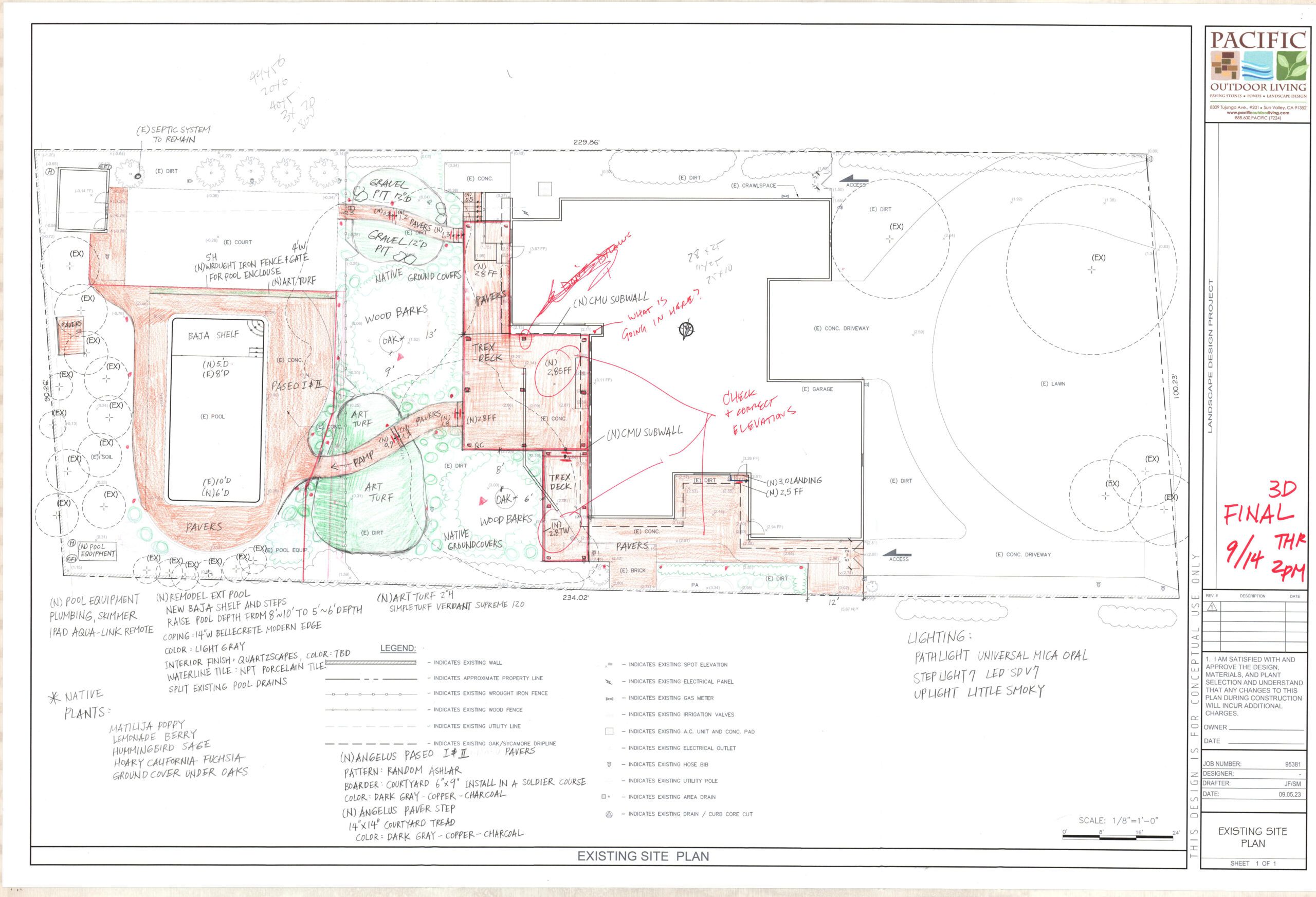 Hand-drawn landscape design sketch showing pool, patio, and seating area layout by Pacific Outdoor Living