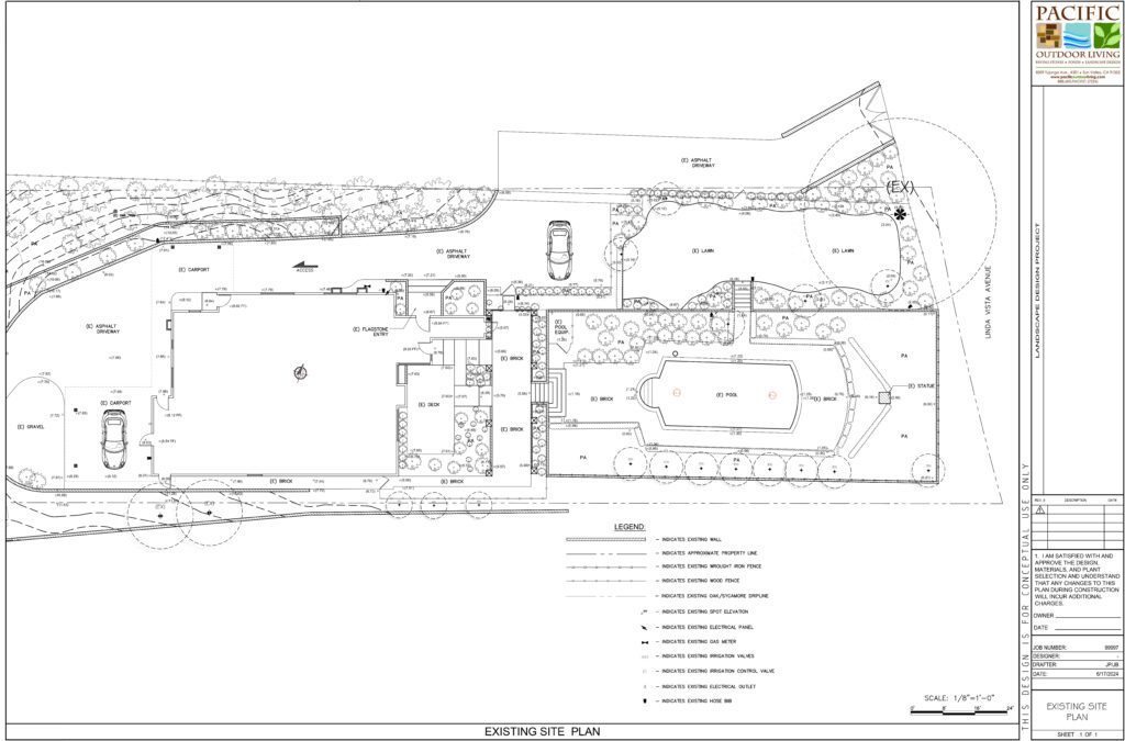 Existing site plan showing current backyard layout for landscape design project
