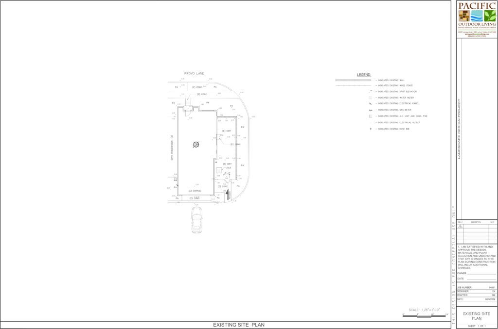 Existing site plan showing current backyard layout for landscape design project