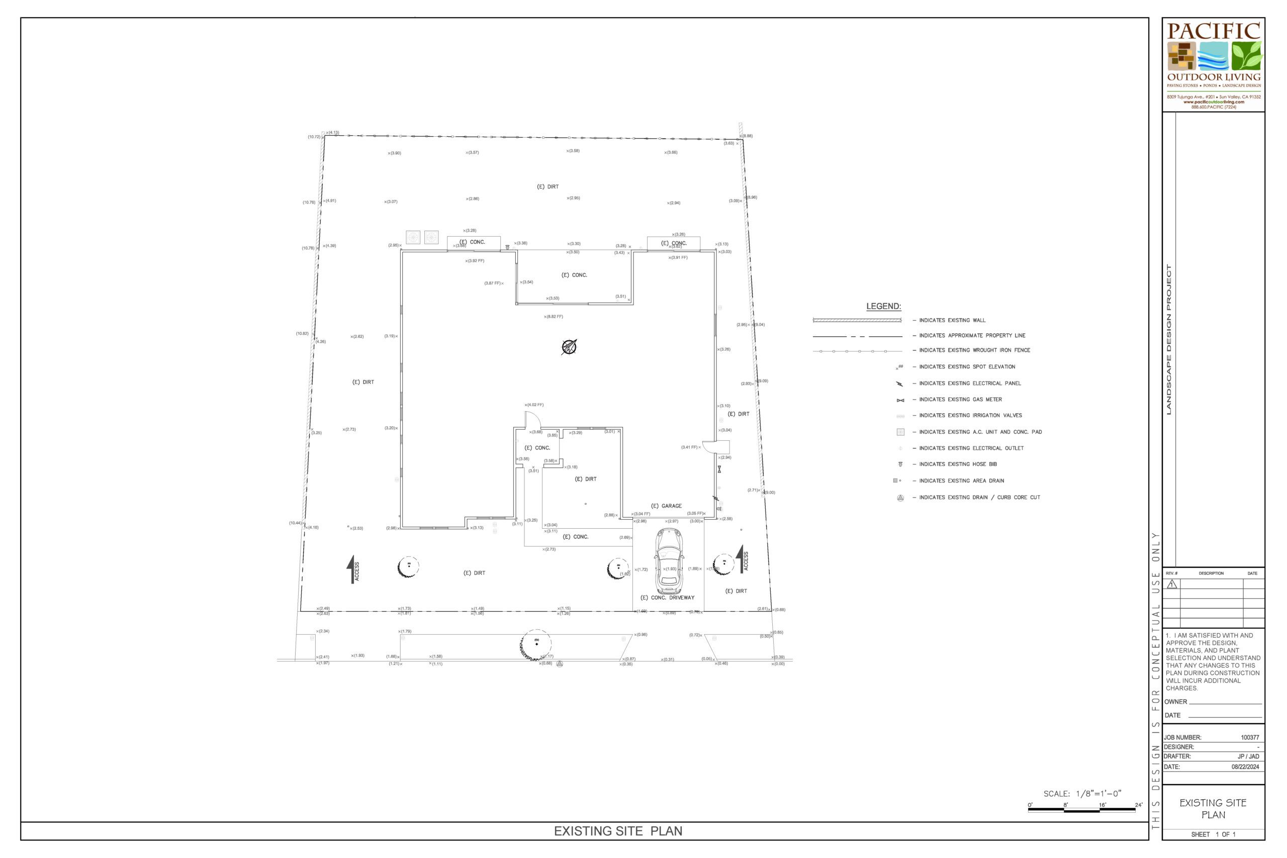 Existing site plan showing current backyard layout for landscape design project