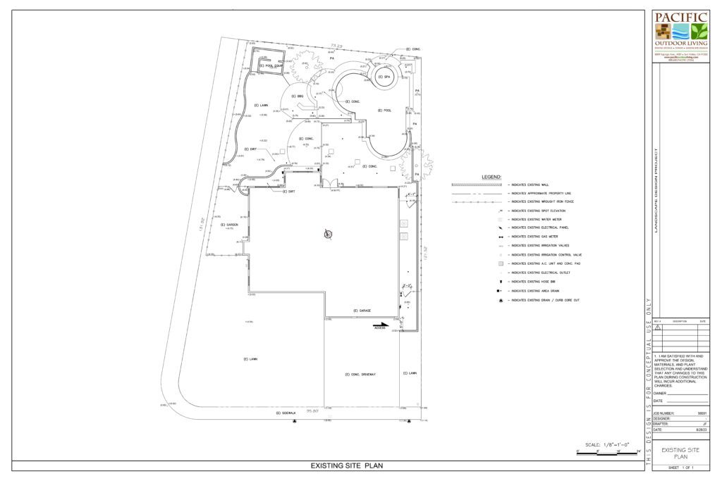 Existing site plan showing current backyard layout for landscape design project