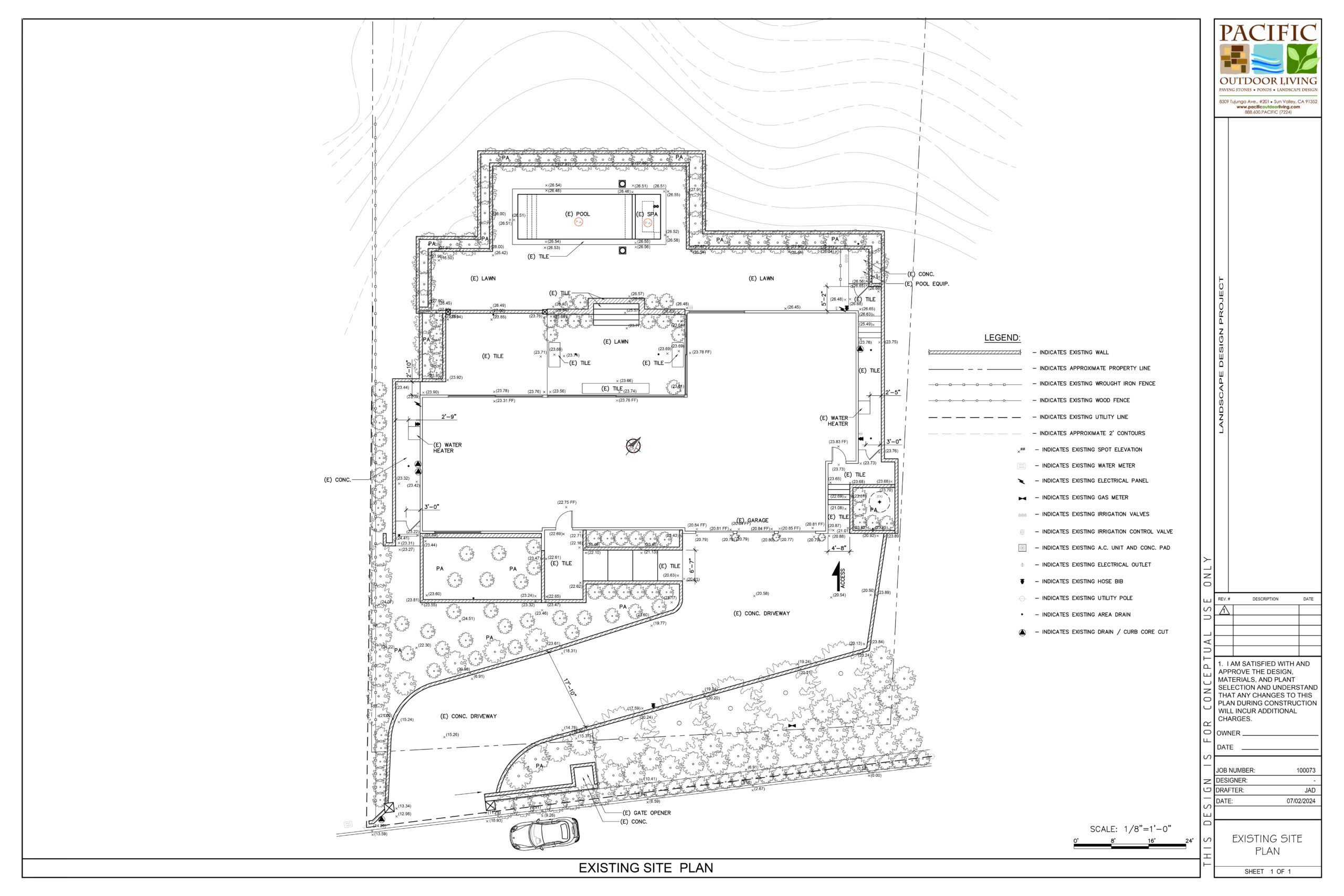 Existing site plan showing current backyard layout for landscape design project