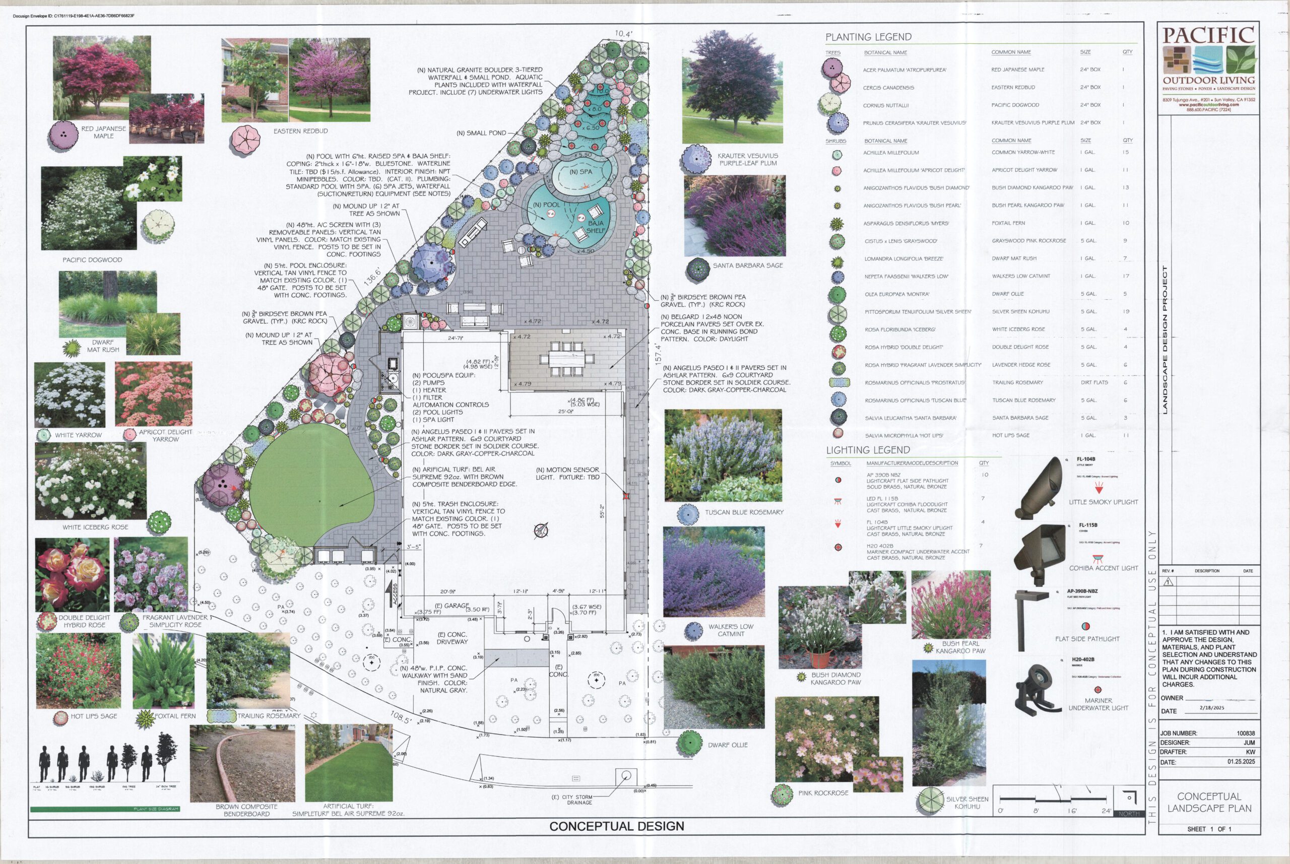 Conceptual landscape design plan showing waterfall, pool, outdoor kitchen, seating area layout by Pacific Outdoor Living