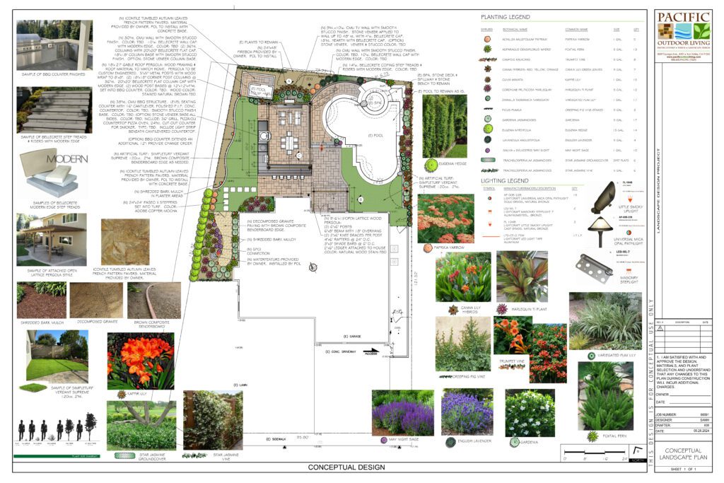Conceptual landscape design plan with freeform pool, outdoor kitchen, and patio created by Pacific Outdoor Living