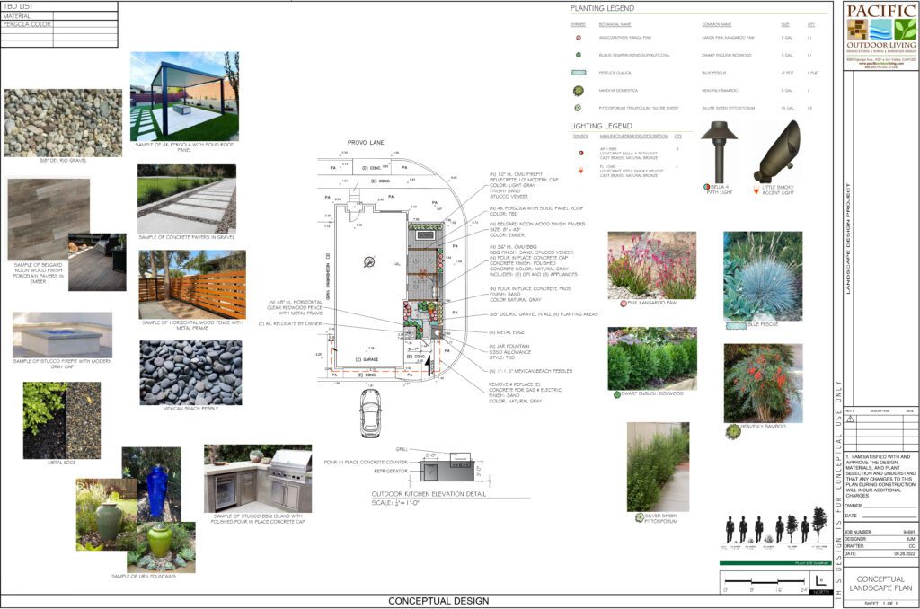 Conceptual landscape design plan showing small space with kitchen, dining and seating area, and firepit layout by Pacific Outdoor Living