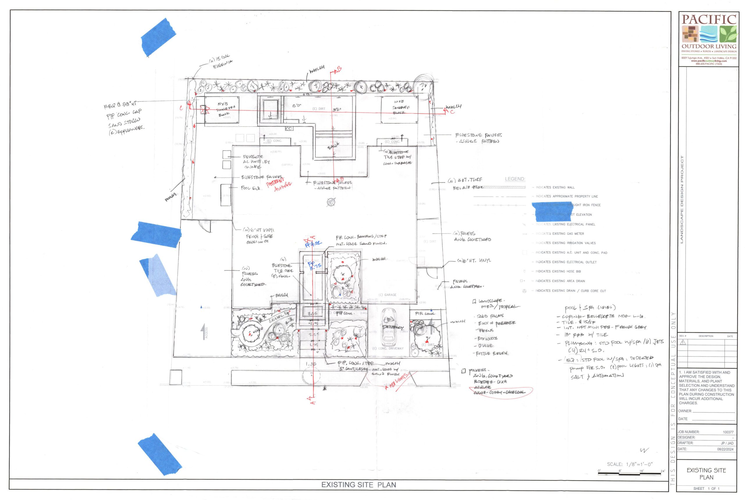 Hand-drawn landscape design sketch showing pool, outdoor kitchen, and pergola layout by Pacific Outdoor Living