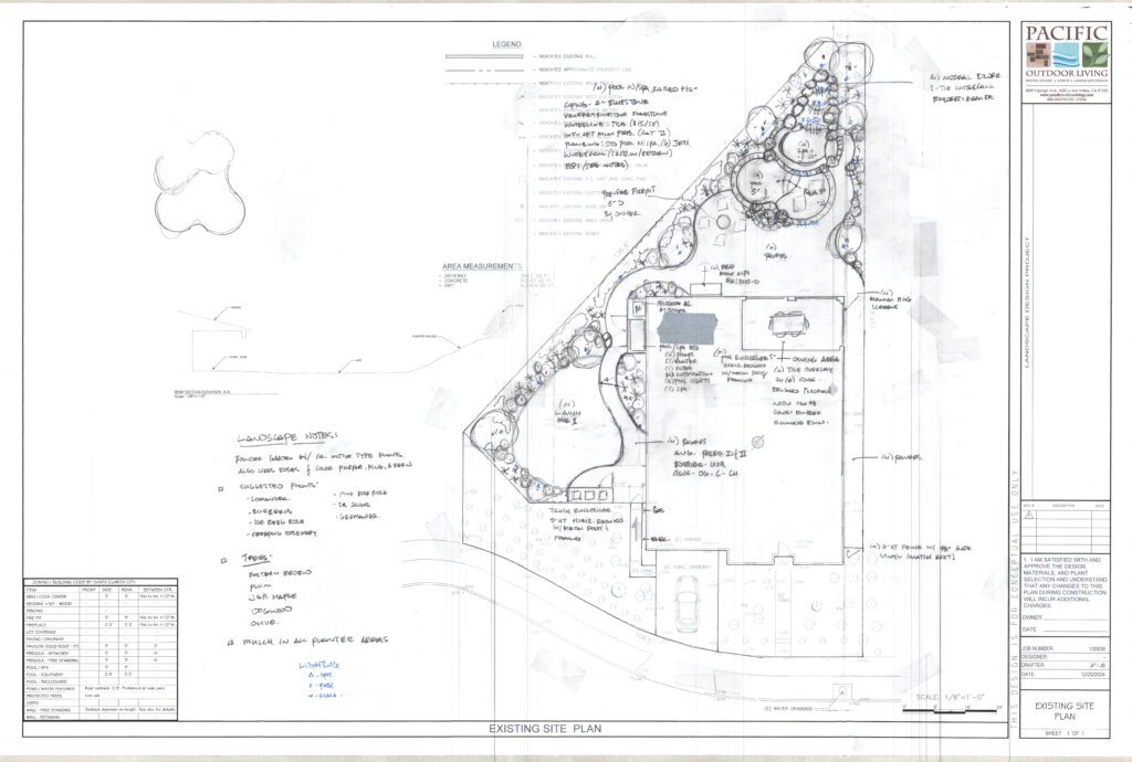 Hand-drawn landscape design sketch showing waterfall, pool, outdoor kitchen, seating area layout by Pacific Outdoor Living