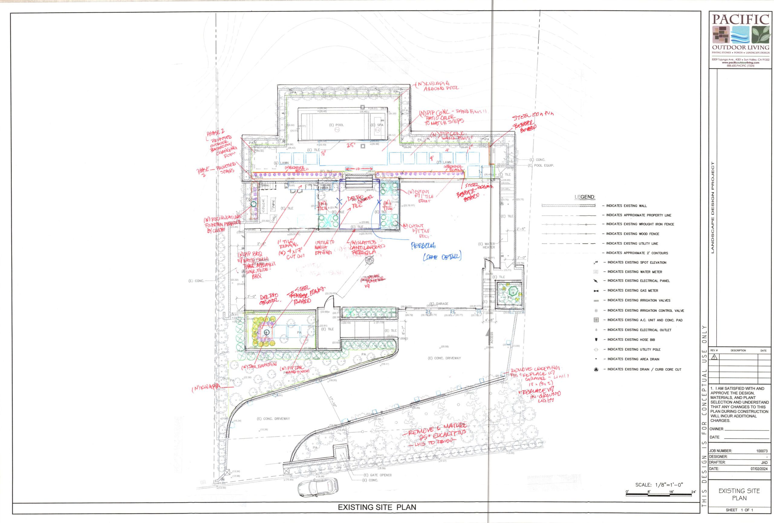 Hand-drawn landscape design sketch for backyard pool, patio, outdoor kitchen, and walkway area layout by Pacific Outdoor Living