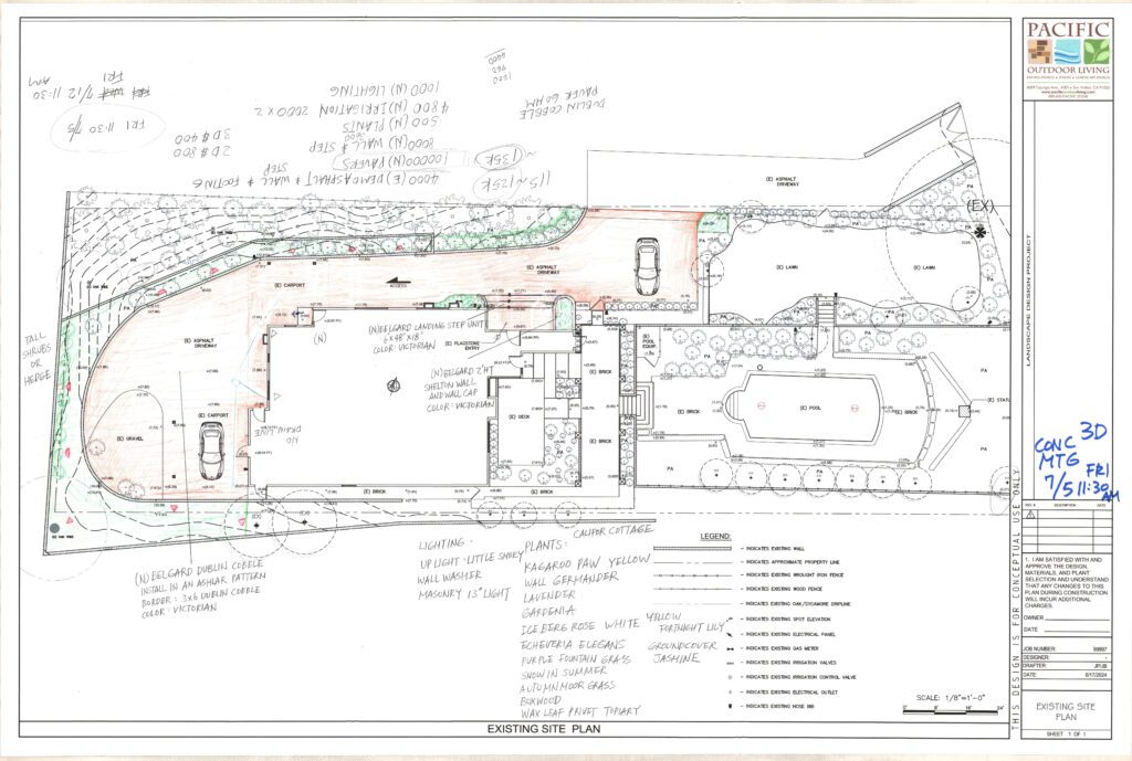 Hand-drawn landscape design sketch showing driveway layout by Pacific Outdoor Living