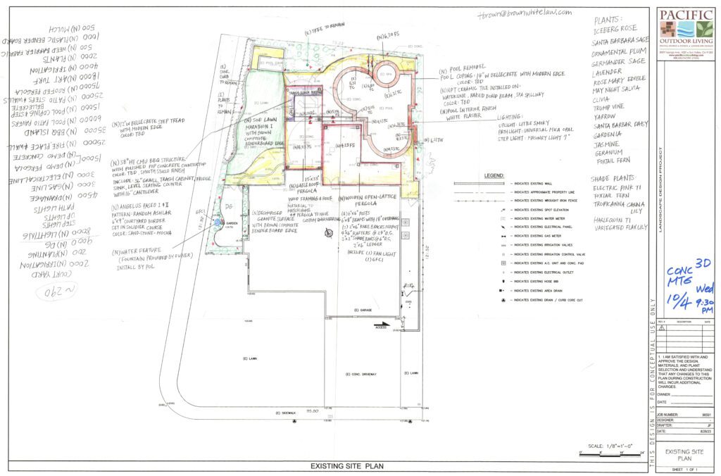 Hand-drawn landscape design sketch showing freeform pool, patio, and seating layout by Pacific Outdoor Living