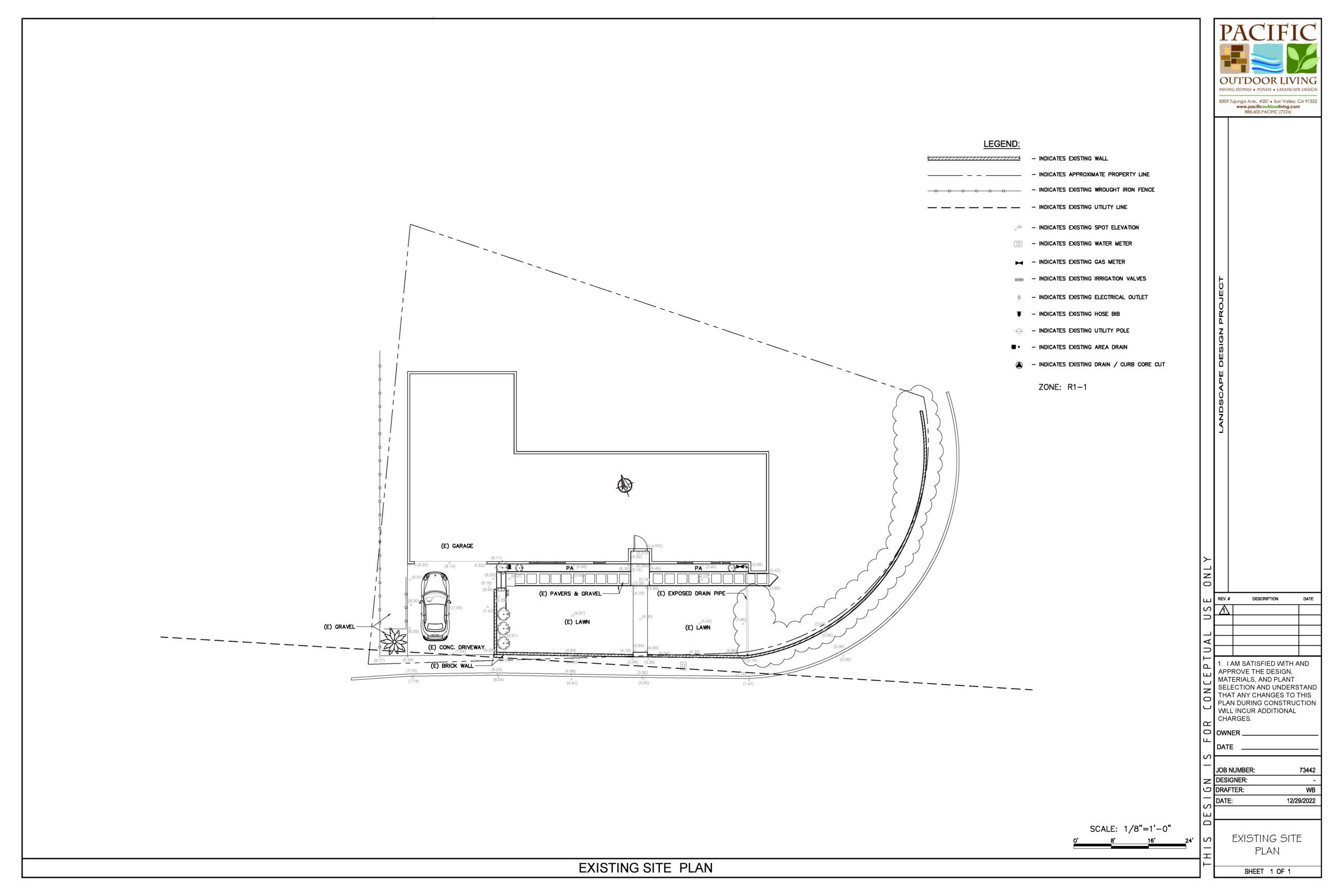 Existing site plan showing current backyard layout in Southern California for landscape design project