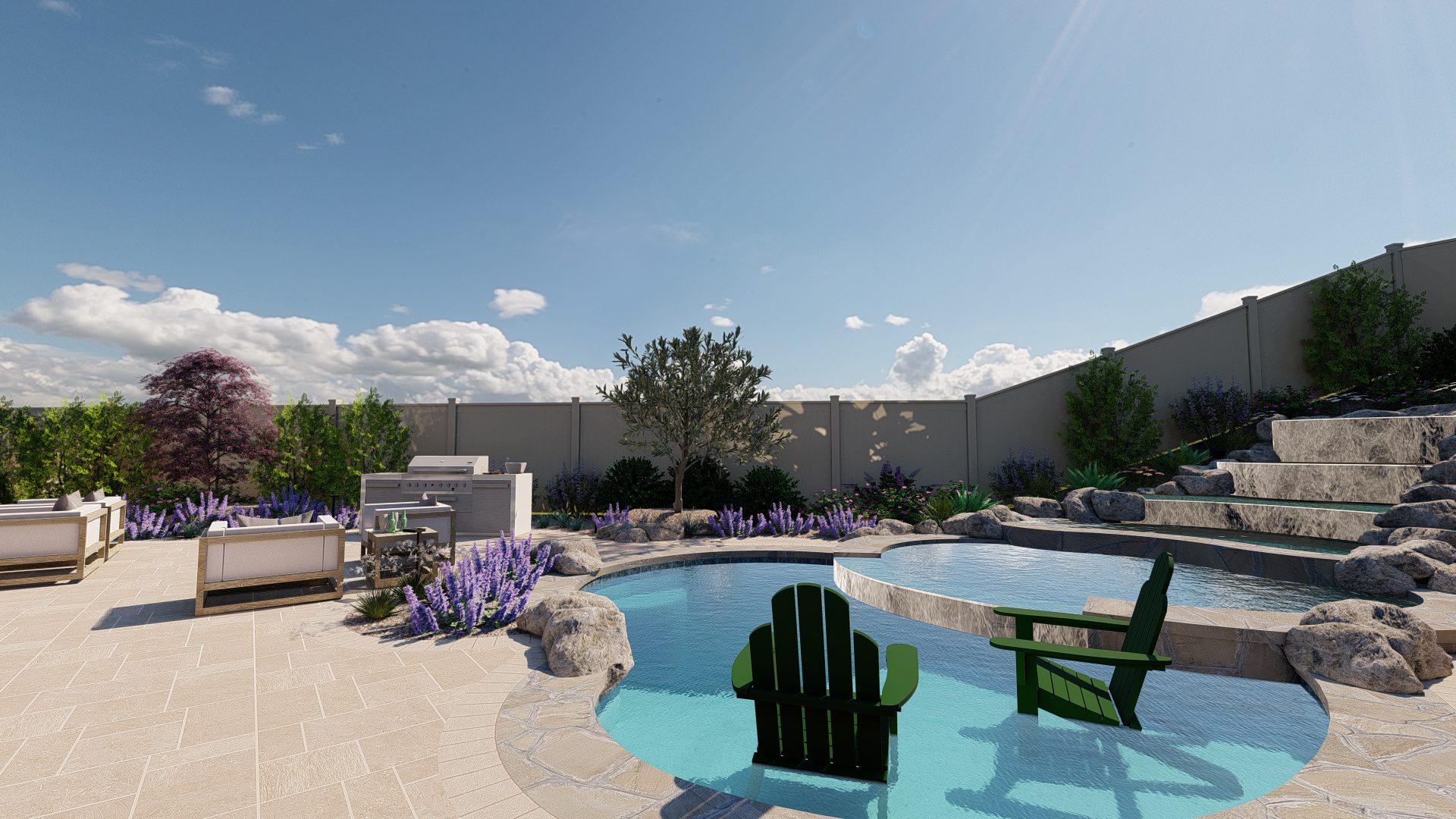 3D design rendering showing waterfall, pool, outdoor kitchen and seating area created by Pacific Outdoor Living