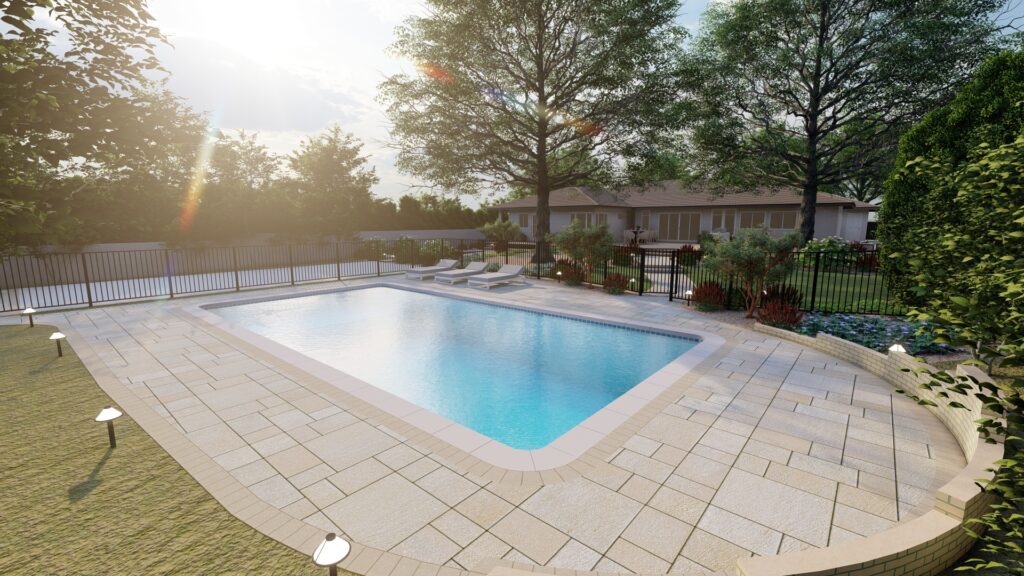 3D landscape design rendering showing backyard pool and pool deck created by Pacific Outdoor Living