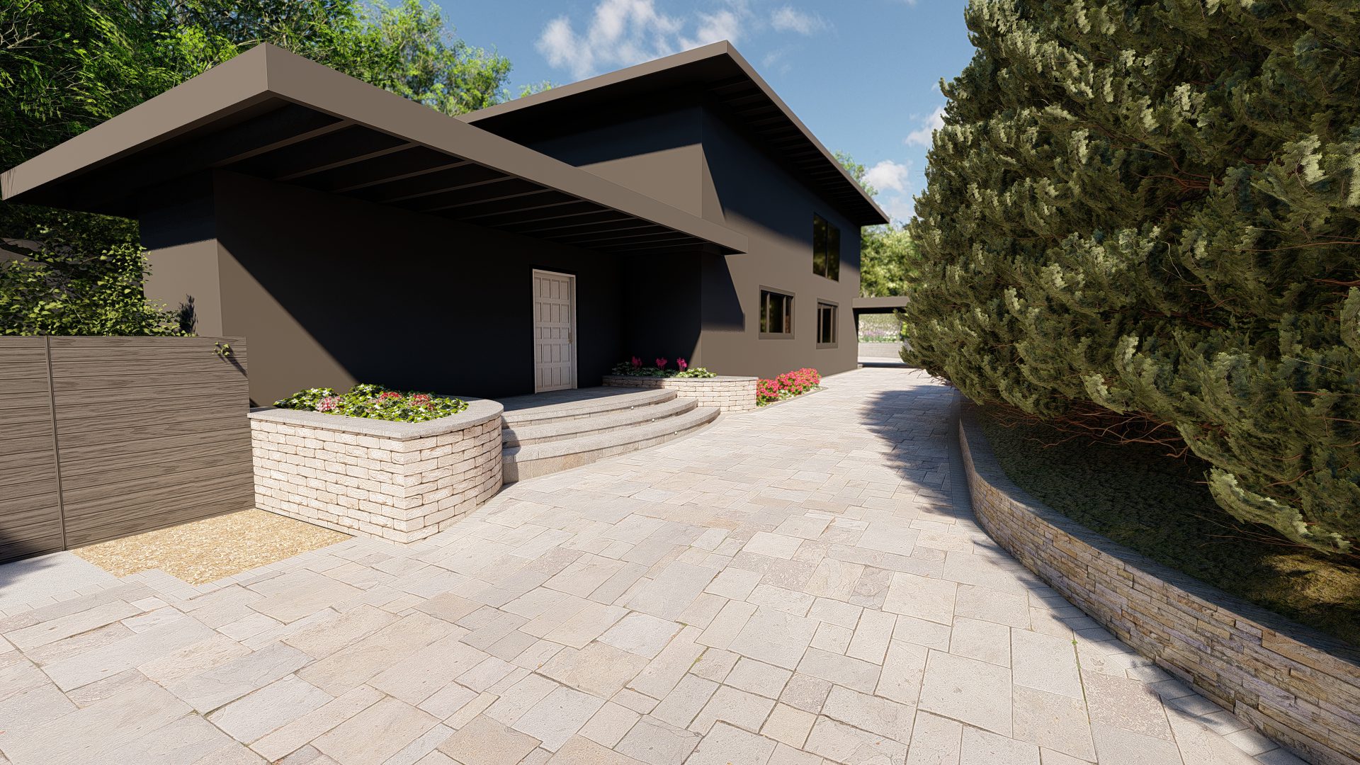3D landscape design rendering showing driveway created by Pacific Outdoor Living