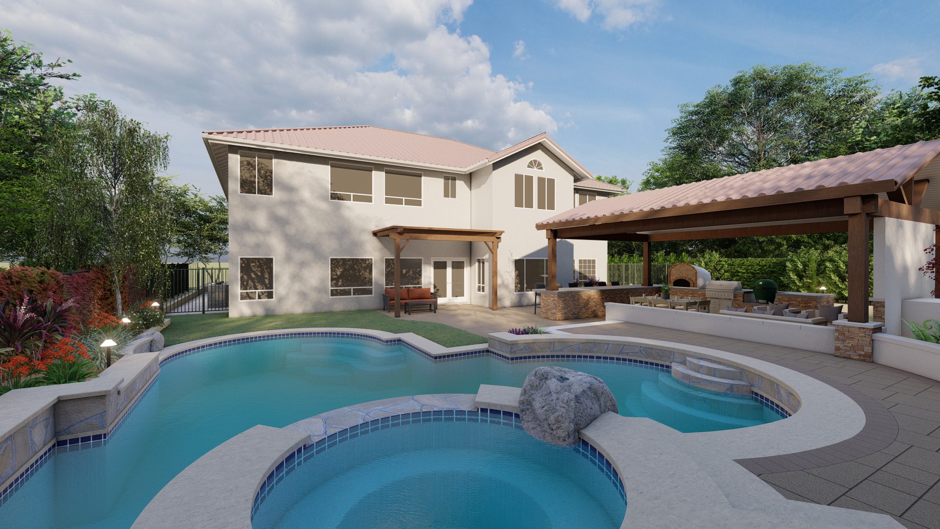 3D landscape design rendering showing pool and seating area created by Pacific Outdoor Living