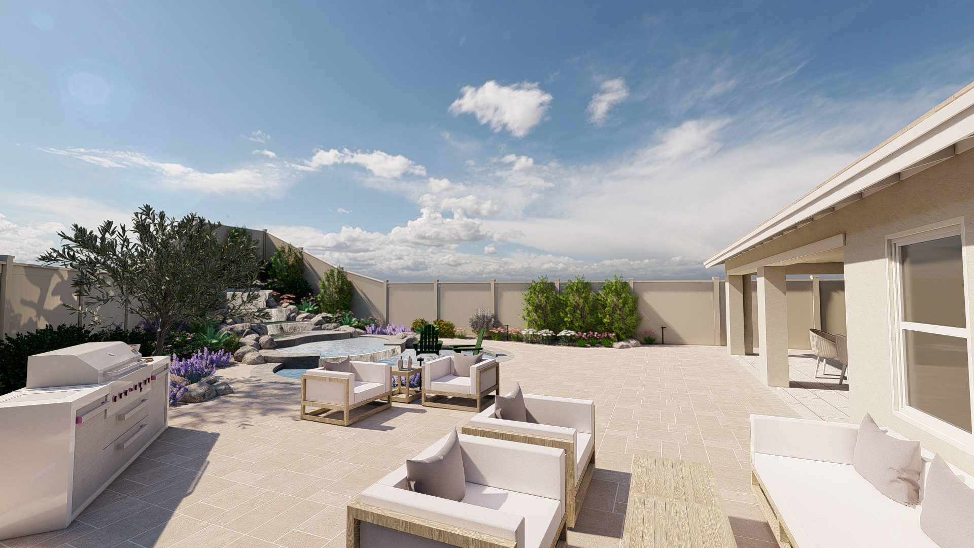 3D design rendering showing waterfall, pool, outdoor kitchen and seating area created by Pacific Outdoor Living
