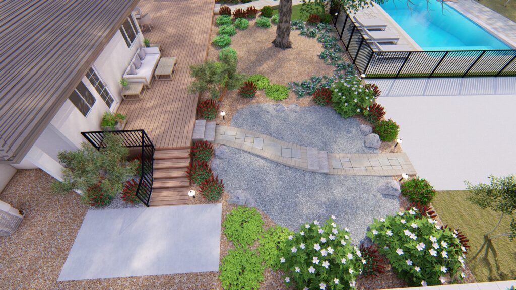 3D landscape design rendering showing patio and walkway created by Pacific Outdoor Living