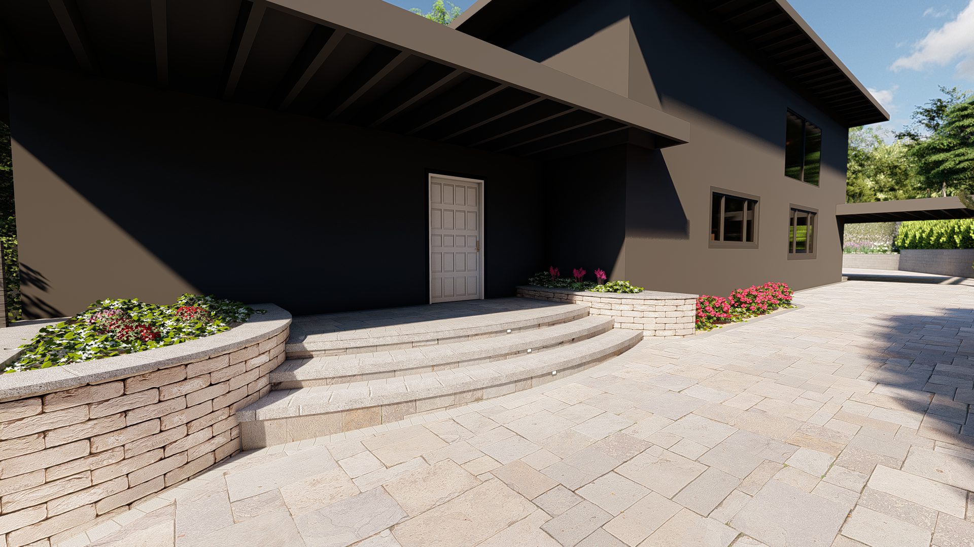 3D landscape design rendering showing driveway created by Pacific Outdoor Living